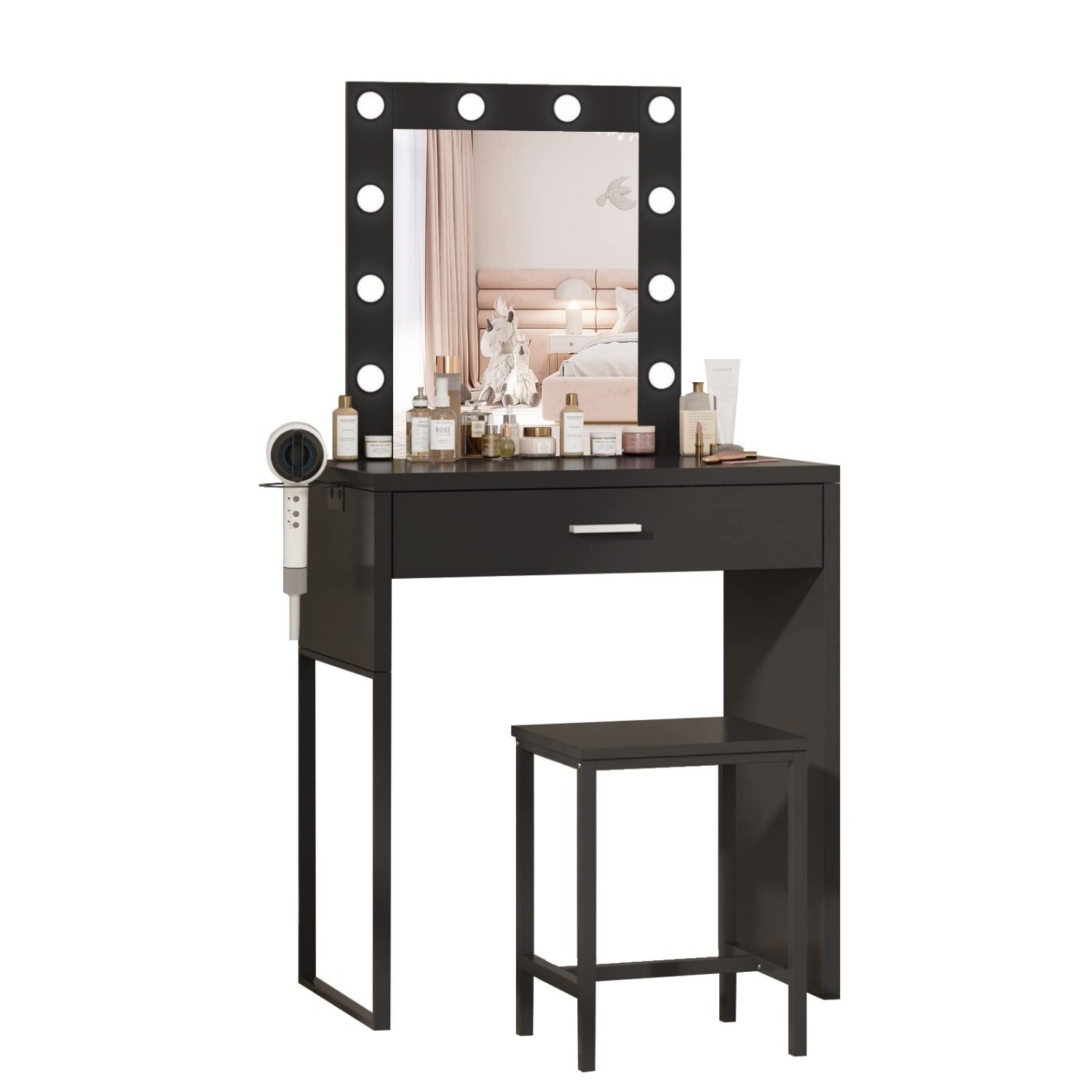 HOSEOKA Compact Vanity Desk Set with Mirror & 10-LED Lighted Makeup Table & Chair - Space-Saving Dressing Table for Small Rooms, Easy Assembly, Low Profile Design (Under 27\