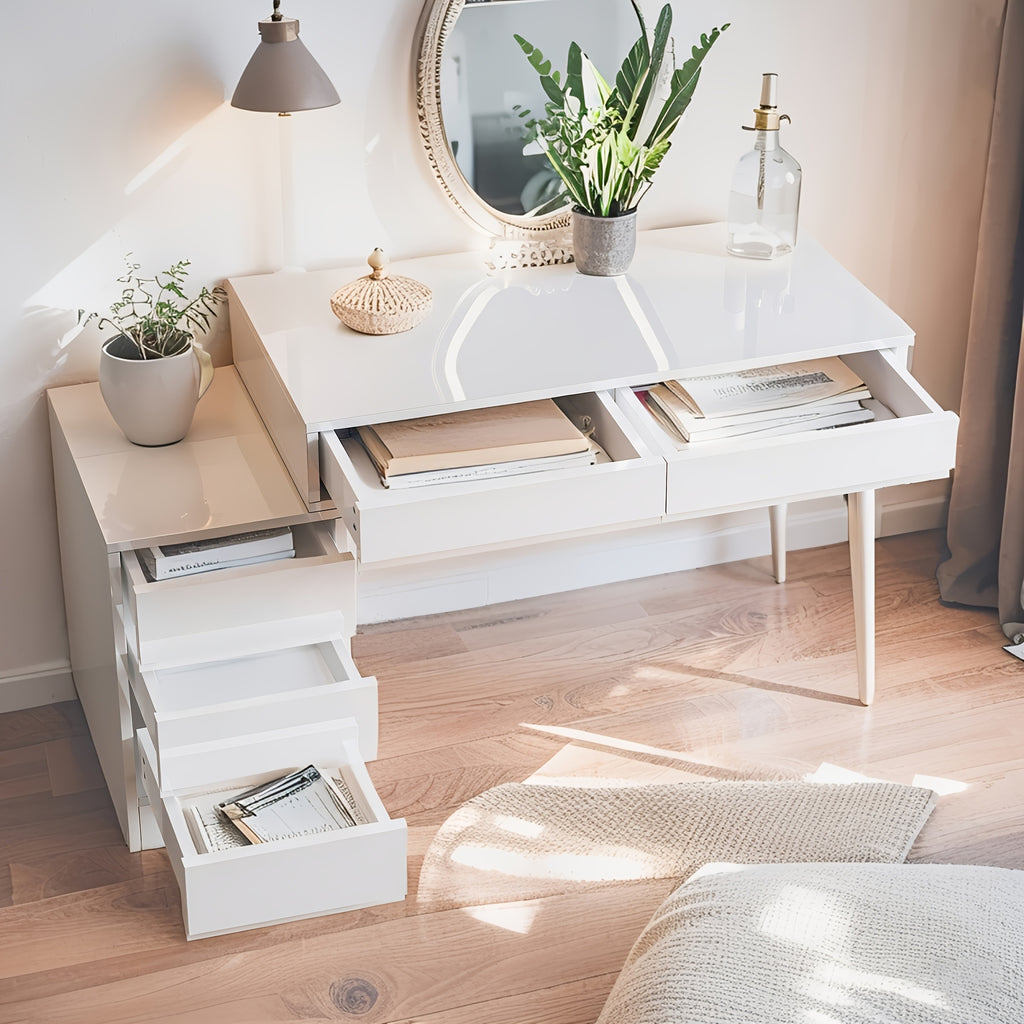 White Desk with Drawers & Reversible Dressing Table - Modern Home Office Computer Desk, Hardwood & Metal Frame, Compact Space-Saving Design Under 27\