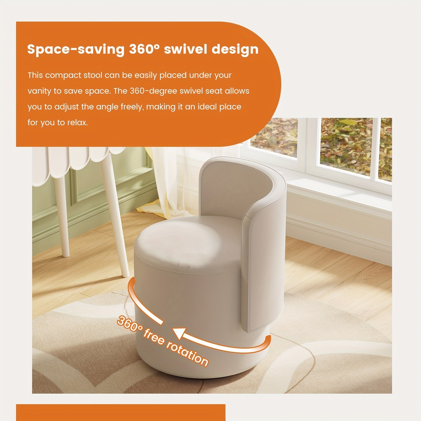 Adjustable Cream White Velvet Upholstered Round Stool And Vanity Chair with a Curved Backrest - a Small Modern Pouf Footrest for Makeup, Suitable for Living Rooms And Bedrooms