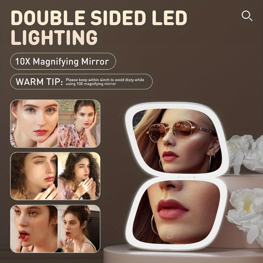 Hasipu Travel Mirror with Lights, Rechargeable Pocket Mirror, 1X\u002F10X 2-Side Magnification Makeup Mirror, 3 Modes Light & Dimmable Compact Mirror, Portable, Handheld Mirror for Gift