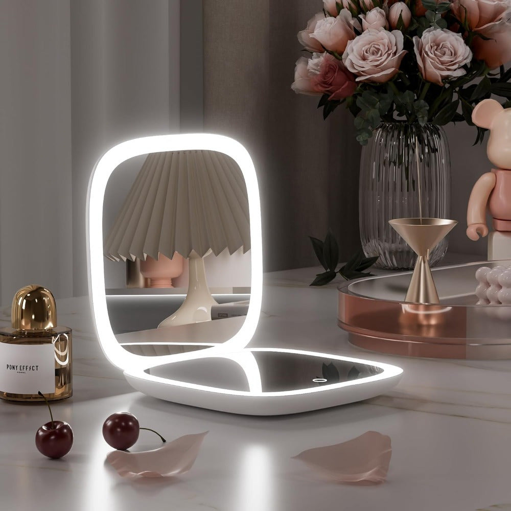 Hasipu Travel Mirror with Lights, Rechargeable Pocket Mirror, 1X\u002F10X 2-Side Magnification Makeup Mirror, 3 Modes Light & Dimmable Compact Mirror, Portable, Handheld Mirror for Gift