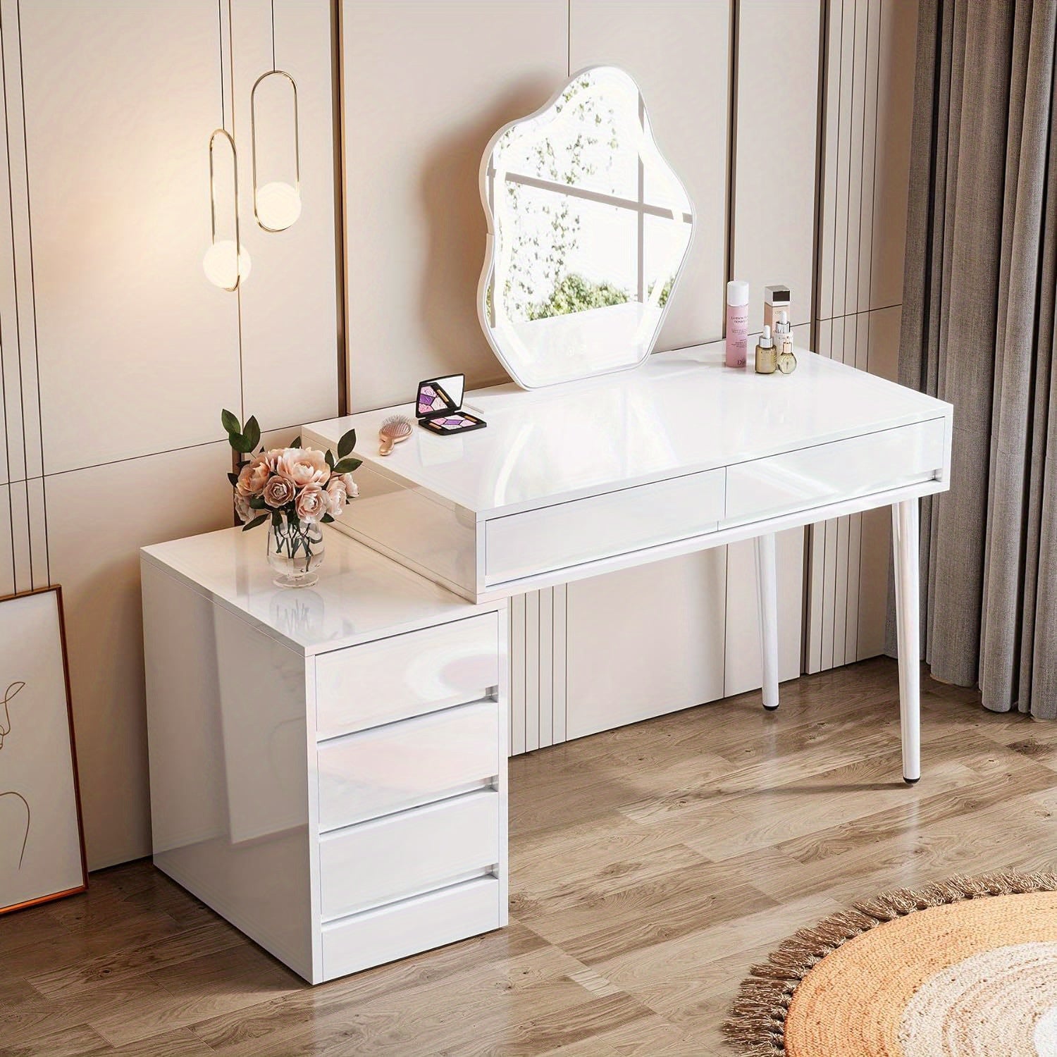 White Desk with Drawers & Reversible Dressing Table - Modern Home Office Computer Desk, Hardwood & Metal Frame, Compact Space-Saving Design Under 27\