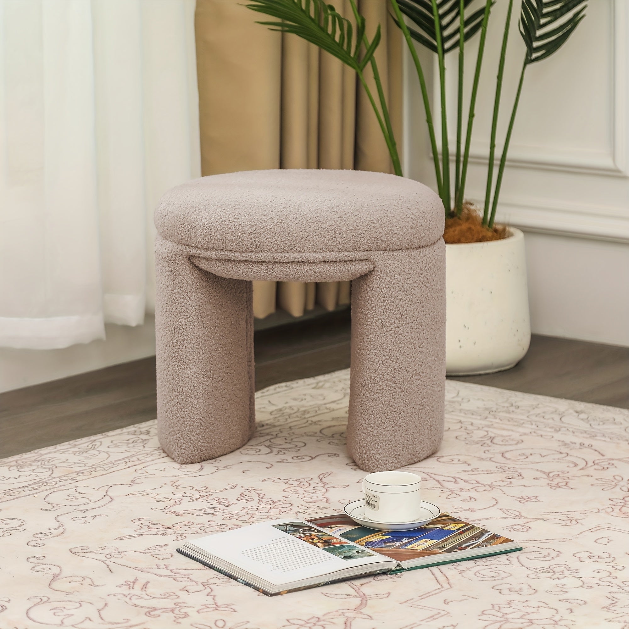 Boucle Ottoman, Round Sherpa Vanity Stool Chair, Small Upholstered Modern Teddy Footstool for Makeup, Living Room, Entryway, Bedroom