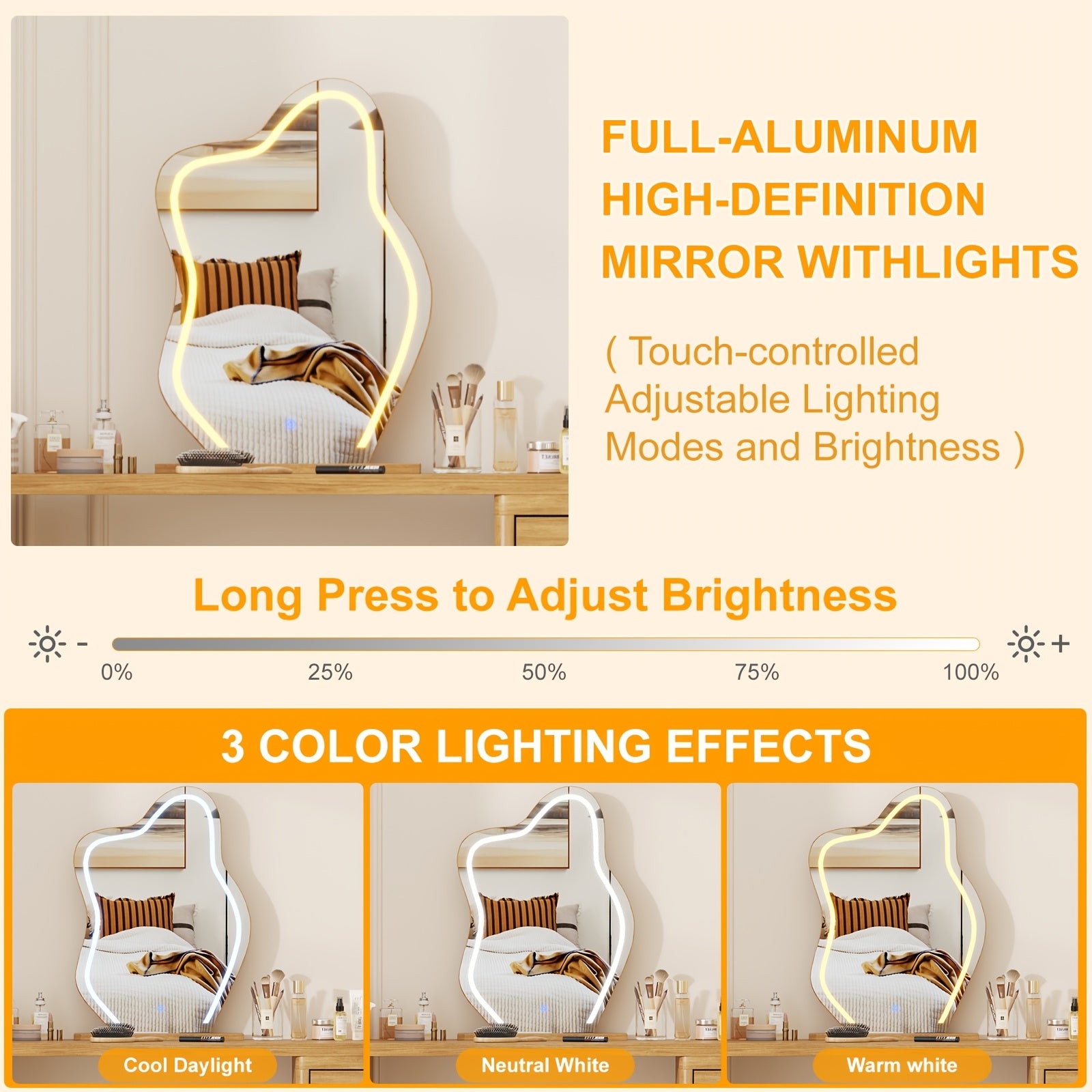 Luxury Makeup Vanity Desk with LED Lighted Mirror - Expandable L-Shaped Corner Table, 6 Drawers & 2 Shelves, Adjustable Brightness Mirror (3 Color Modes) - Walnut Dressing Table for Bedroom, Home Office, Computer Desk - Easy Assembly