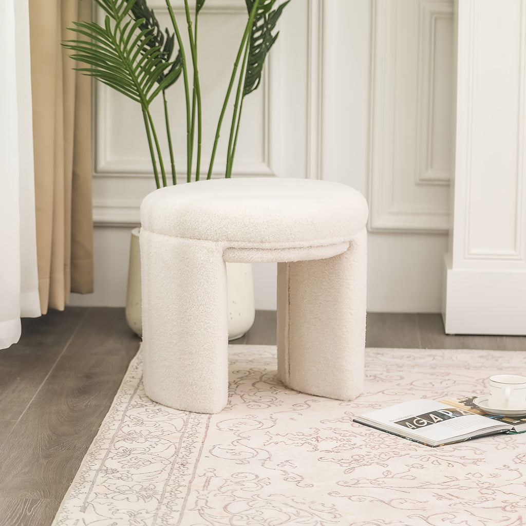 Boucle Ottoman, Round Sherpa Vanity Stool Chair, Small Upholstered Modern Teddy Footstool for Makeup, Living Room, Entryway, Bedroom
