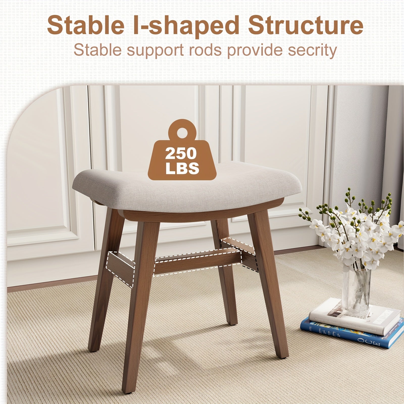 KASLANDI Solid Wood Compact Vanity Stool & Makeup Chair - Frame with Saddle Cushion, Linen-Wrapped High-Rebound Sponge Seat, Easy Assembly Footstool for Small Spaces Suitable for Bedroom, Entryway,, Dorm - Classic Style