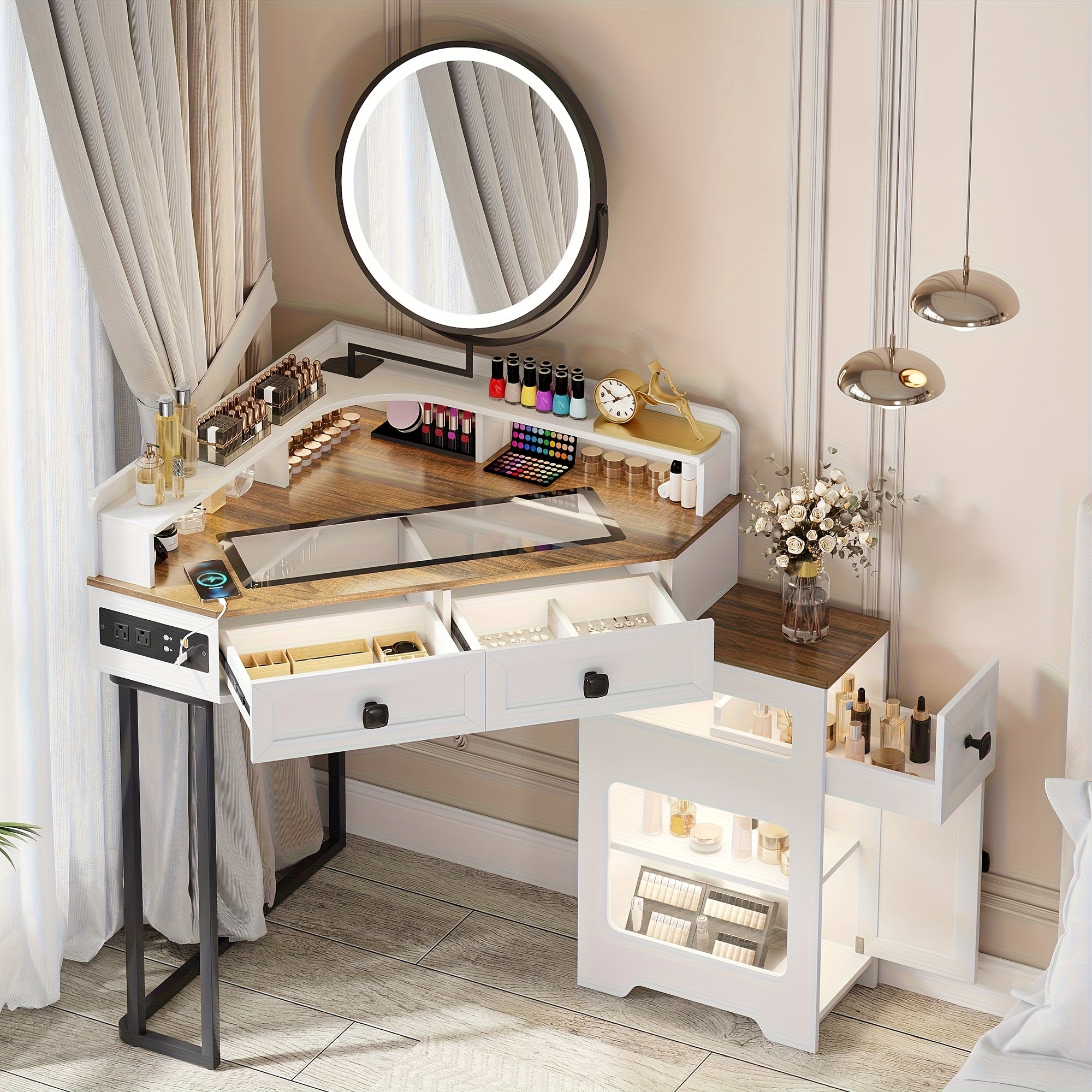 Modern Makeup Vanity Set Featuring a Mirror And Lights, Including a Charging Station, Designed for Bedrooms Or Cloakrooms, with a Glass Top And Storage Drawers And Shelves in White