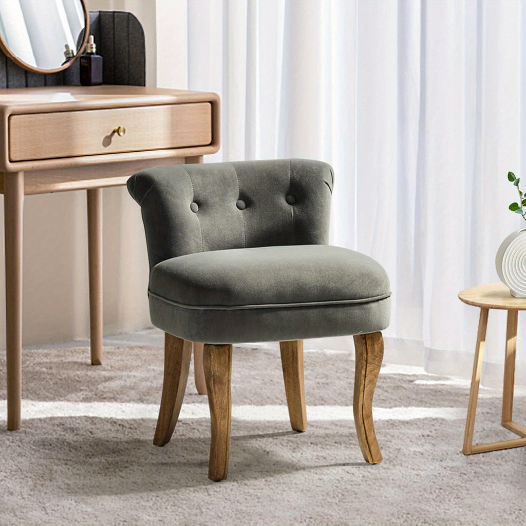 Navy Velvet Vanity Stool with Low Back - Modern Upholstered Makeup Chair with Solid Wood Legs, Assembly Compact Dressing Table Chair Suitable for Women & Girls, Bedroom, Living Room, Dressing Table - Stylish Chair