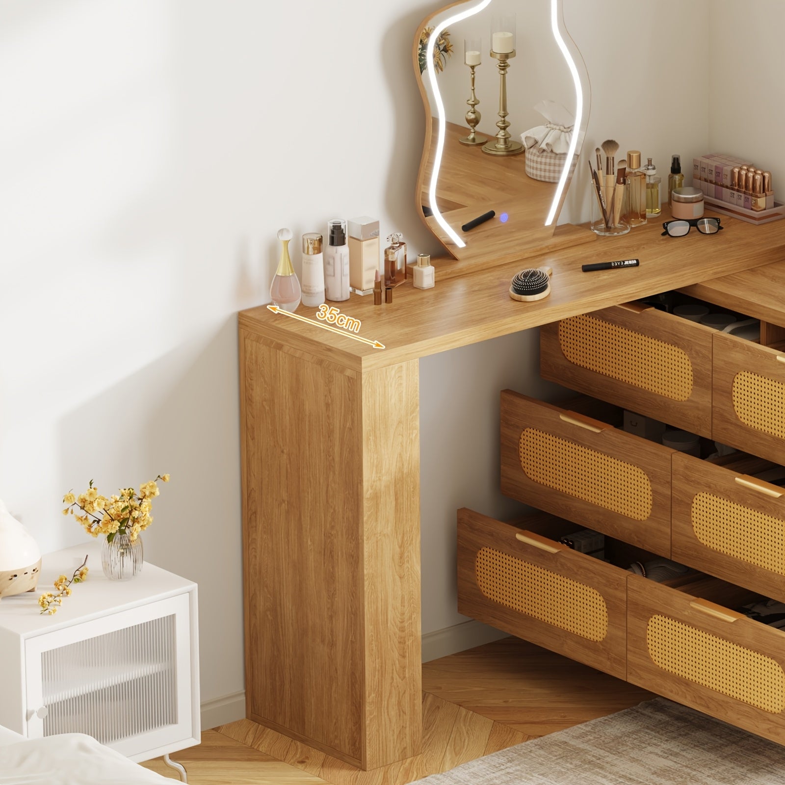 Luxury Makeup Vanity Desk with LED Lighted Mirror - Expandable L-Shaped Corner Table, 6 Drawers & 2 Shelves, Adjustable Brightness Mirror (3 Color Modes) - Walnut Dressing Table for Bedroom, Home Office, Computer Desk - Easy Assembly