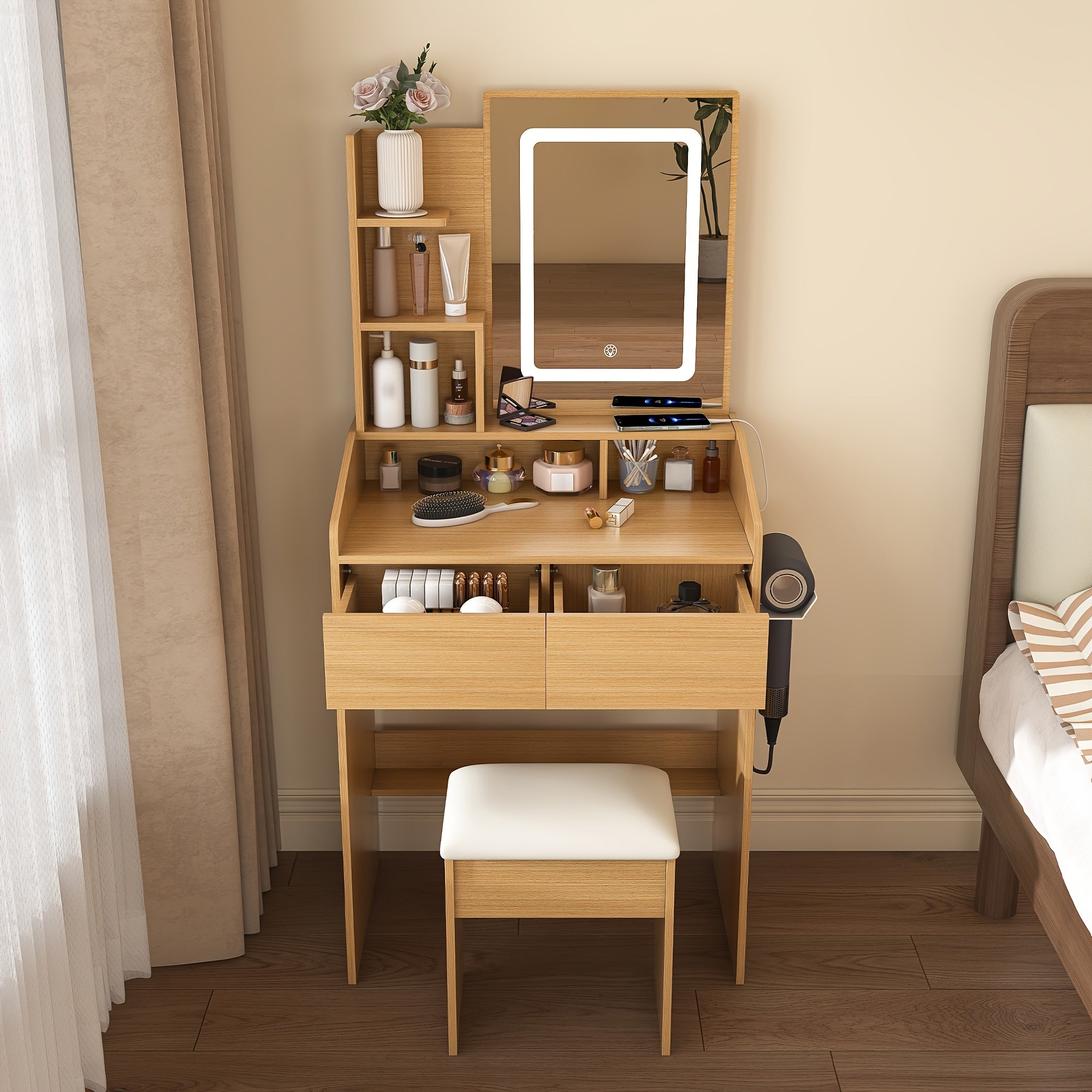 Bedroom Dressing Table, High-end Integrated Design Dressing Table Suitable For Small Apartments, Small Dressing Table With Stool, Multifunctional Bedroom Dressing Table, Cabinet Dressing Table For Placing Cosmetics