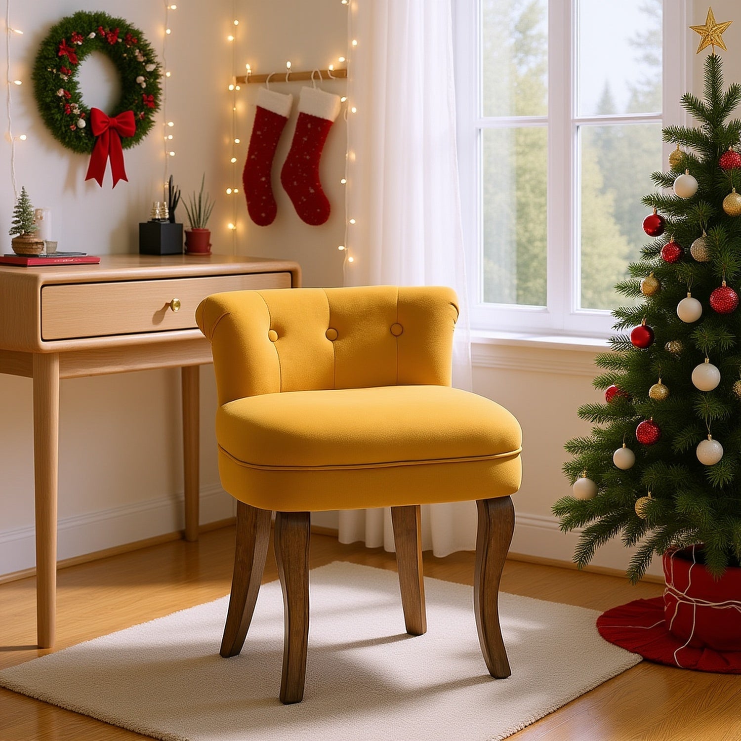 Navy Velvet Vanity Stool with Low Back - Modern Upholstered Makeup Chair with Solid Wood Legs, Assembly Compact Dressing Table Chair Suitable for Women & Girls, Bedroom, Living Room, Dressing Table - Stylish Chair