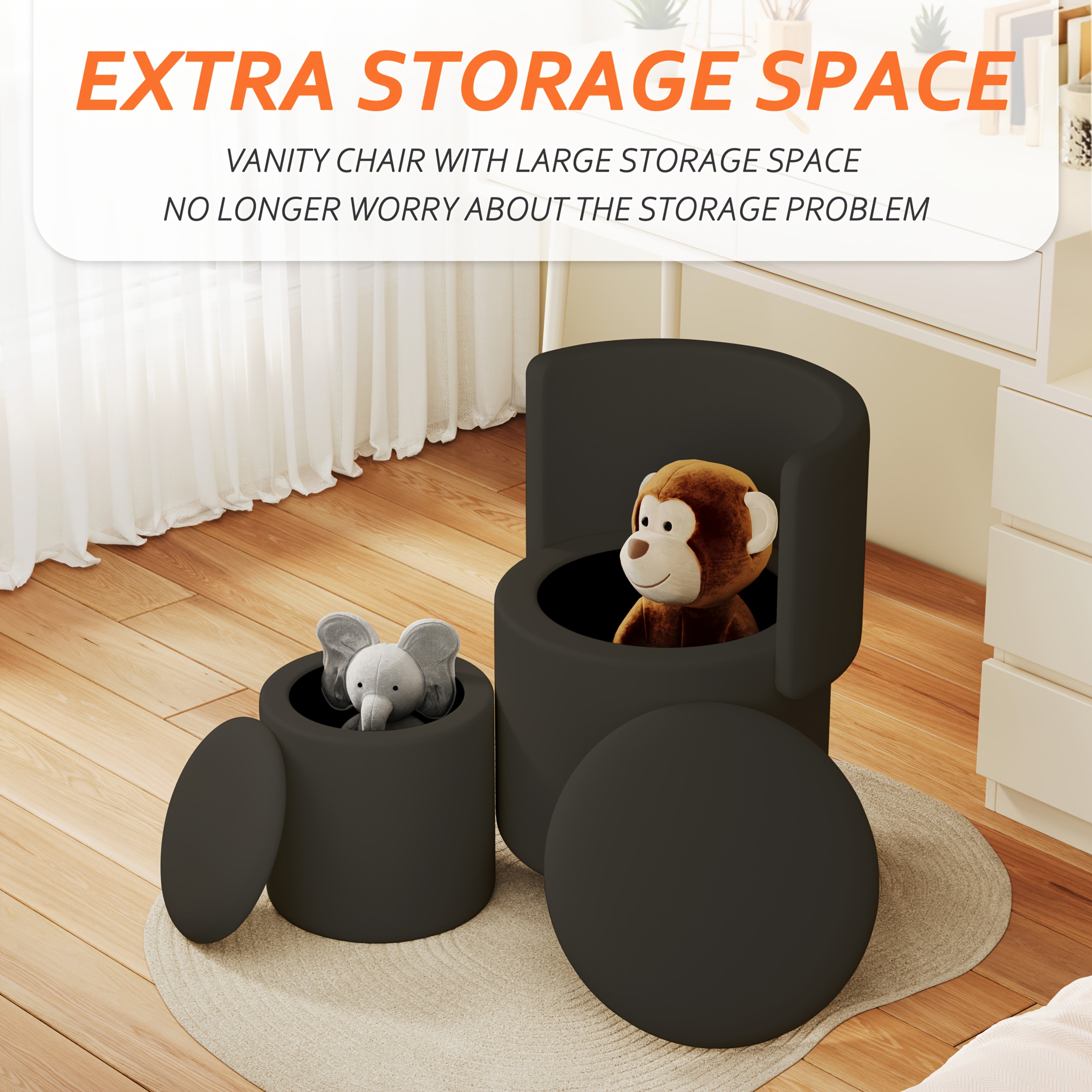 Round Storage with Rolling Wheels, Makeup Chair, A Makeup Stool with Wheels And A Foldable Backrest for Living Room, Bedroom, Dorm Stool