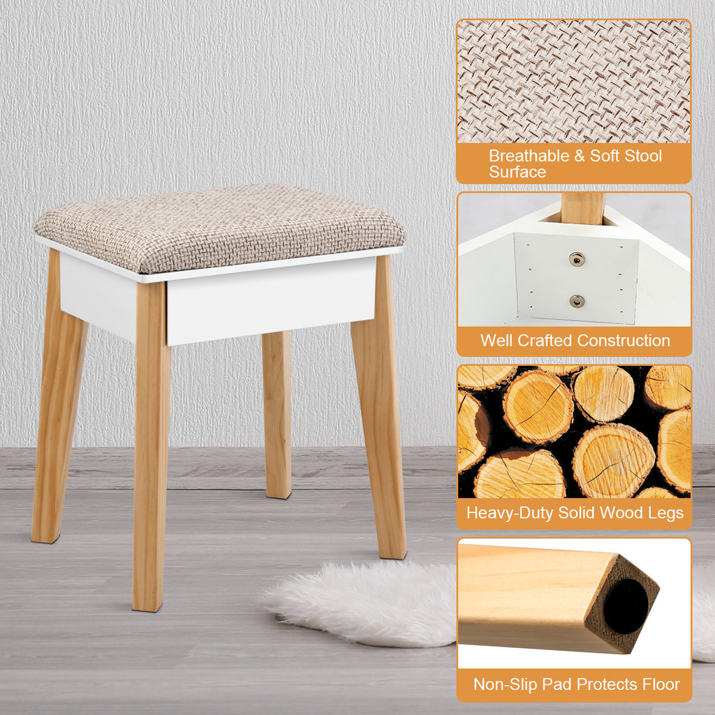 COSTWAY Solid Wood Scandinavian Modern Dressing Table with Height-Adjustable Mirror & 3-Drawer Storage - White & Natural Wood Finish, Padded Stool with Legs