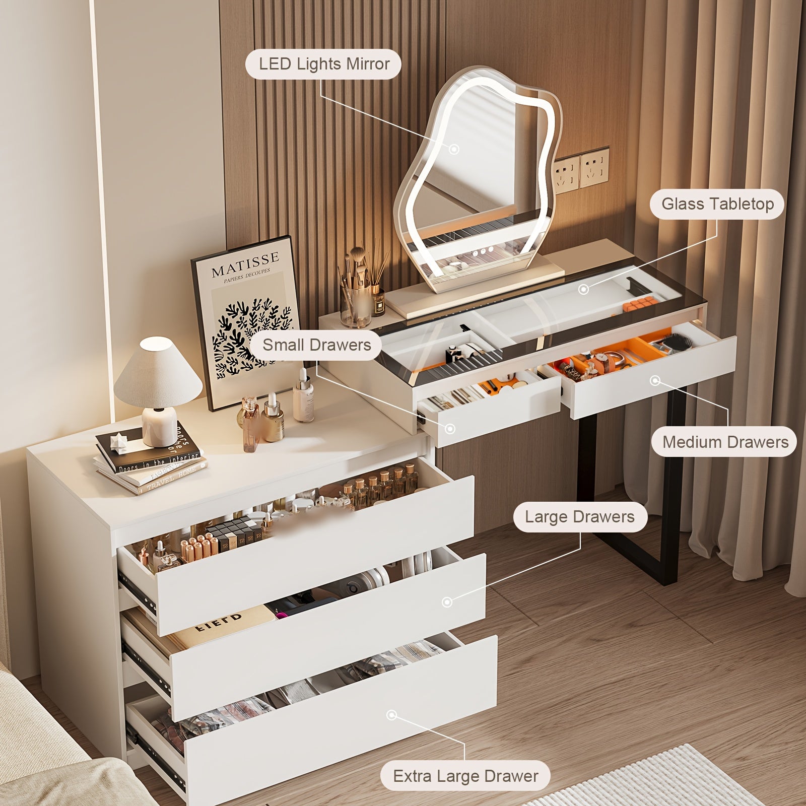 Modern Corner Dressing Table with Mirror And LED Three-color Adjustable Light, Corner Dressing Table Makeup Storage, Glass Top Dressing Table, Modern Dressing Table with 5 Drawers And Dressing Table, 3 Color Lighting Modes, White(No Charging Station)