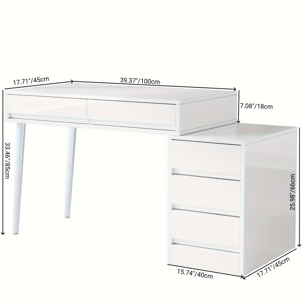 White Desk with Drawers & Reversible Dressing Table - Modern Home Office Computer Desk, Hardwood & Metal Frame, Compact Space-Saving Design Under 27\