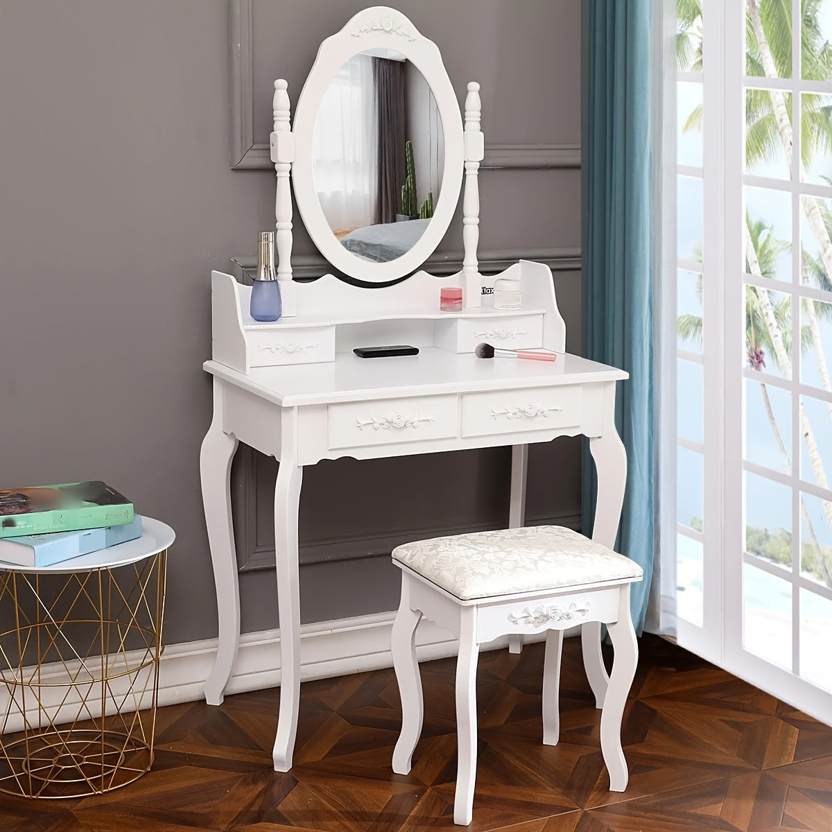 Elegance White Makeup Desk 4-Drawer White Wood Vanity Table and Stool Set - Modern Elegance Makeup Desk with Mirror