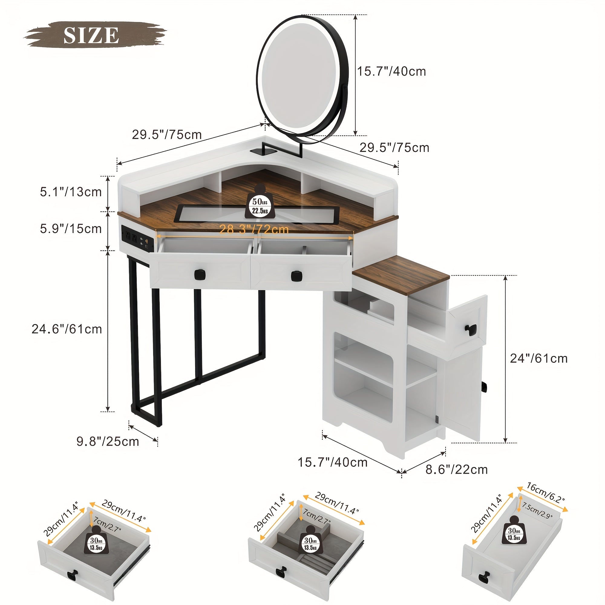Modern Makeup Vanity Set Featuring a Mirror And Lights, Including a Charging Station, Designed for Bedrooms Or Cloakrooms, with a Glass Top And Storage Drawers And Shelves in White
