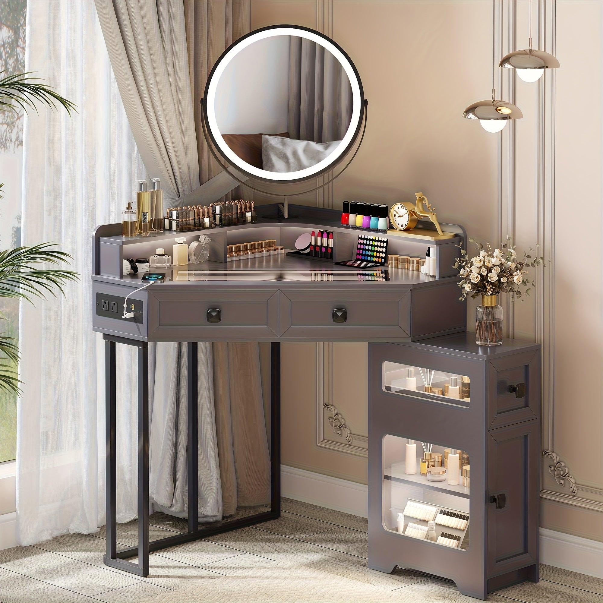 Modern Makeup Vanity Set Featuring a Mirror And Lights, Including a Charging Station, Designed for Bedrooms Or Cloakrooms, with a Glass Top And Storage Drawers And Shelves in White