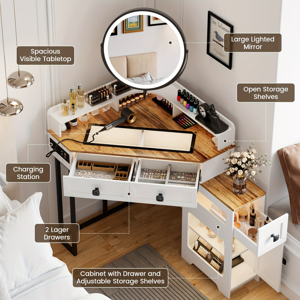 Modern Makeup Vanity Set Featuring a Mirror And Lights, Including a Charging Station, Designed for Bedrooms Or Cloakrooms, with a Glass Top And Storage Drawers And Shelves in White