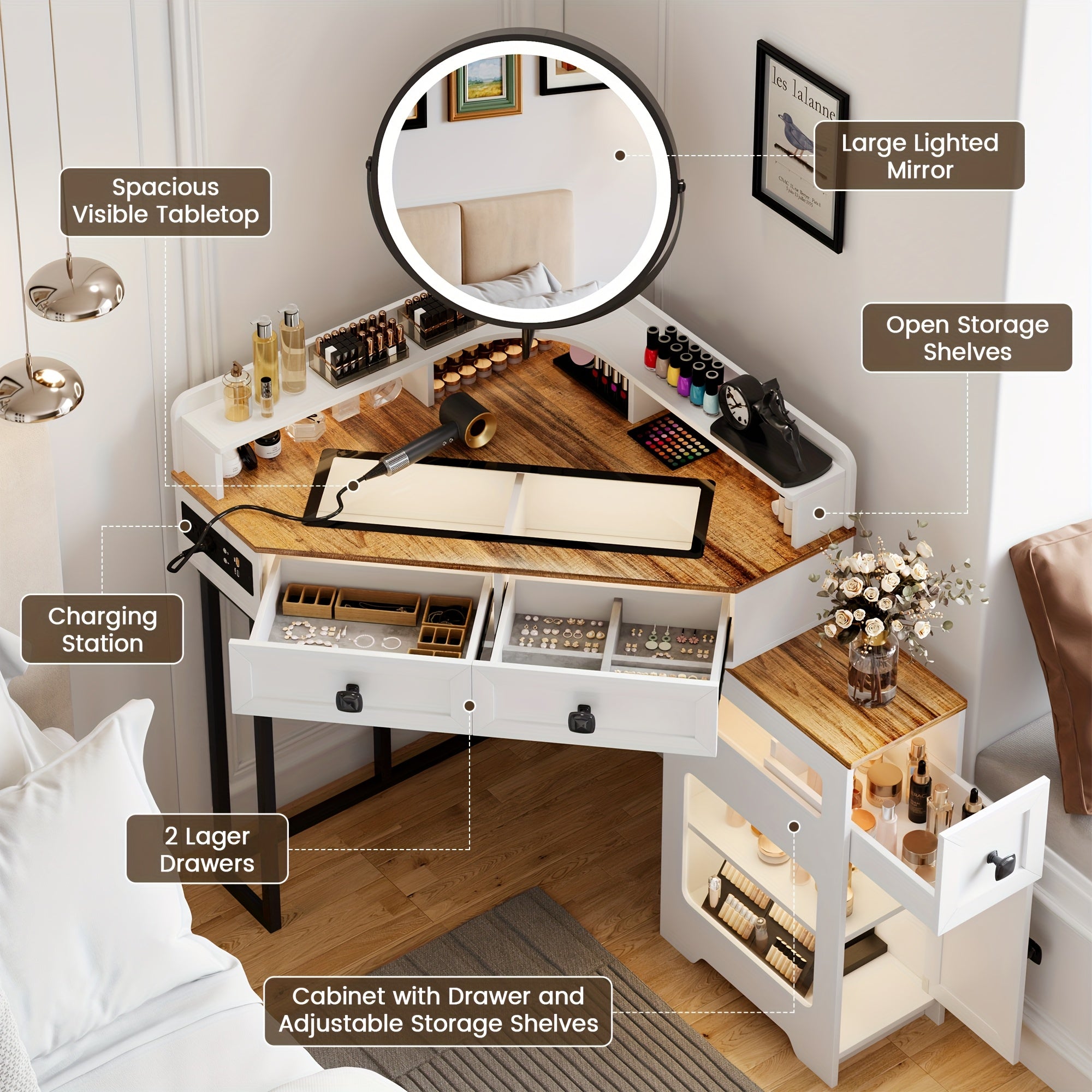 Modern Makeup Vanity Set Featuring a Mirror And Lights, Including a Charging Station, Designed for Bedrooms Or Cloakrooms, with a Glass Top And Storage Drawers And Shelves in White