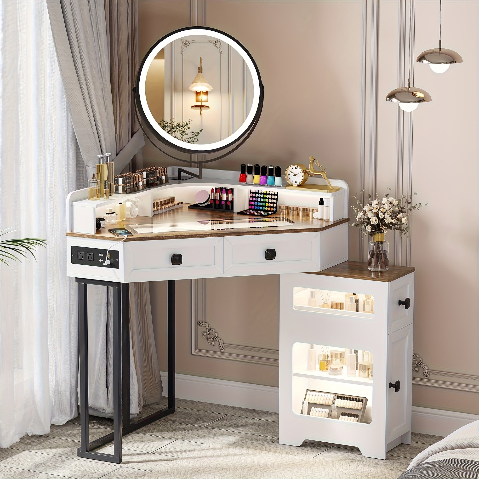 Modern Makeup Vanity Set Featuring a Mirror And Lights, Including a Charging Station, Designed for Bedrooms Or Cloakrooms, with a Glass Top And Storage Drawers And Shelves in White