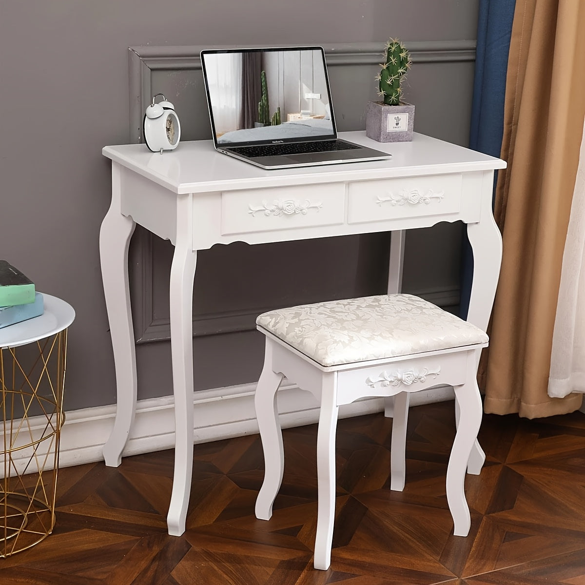 Elegance White Makeup Desk 4-Drawer White Wood Vanity Table and Stool Set - Modern Elegance Makeup Desk with Mirror