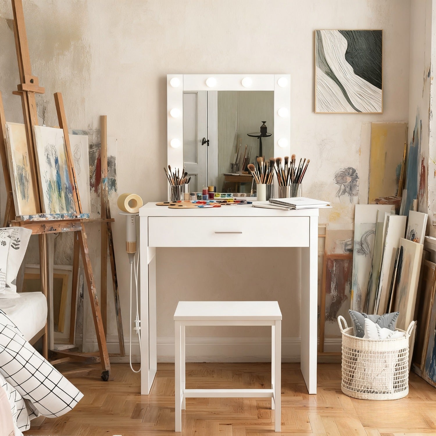 HOSEOKA Compact Vanity Desk Set with Mirror & 10-LED Lighted Makeup Table & Chair - Space-Saving Dressing Table for Small Rooms, Easy Assembly, Low Profile Design (Under 27\