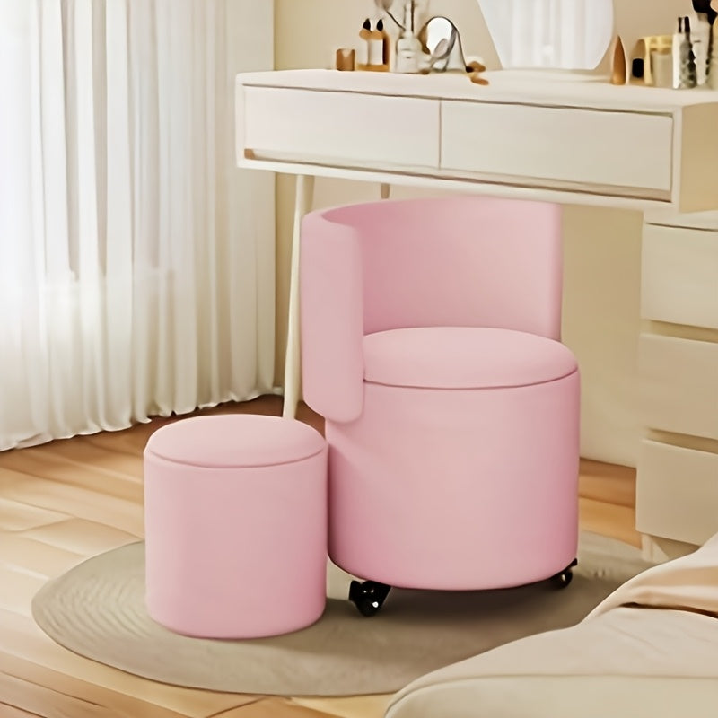Round Storage with Rolling Wheels, Makeup Chair, A Makeup Stool with Wheels And A Foldable Backrest for Living Room, Bedroom, Dorm Stool