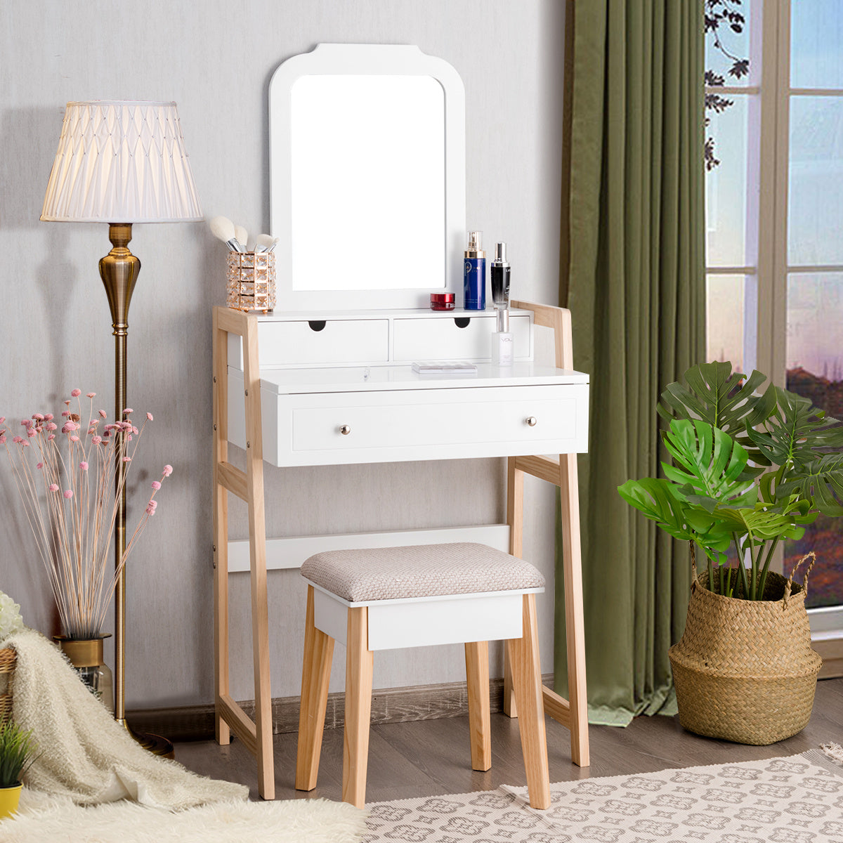 COSTWAY Solid Wood Scandinavian Modern Dressing Table with Height-Adjustable Mirror & 3-Drawer Storage - White & Natural Wood Finish, Padded Stool with Legs