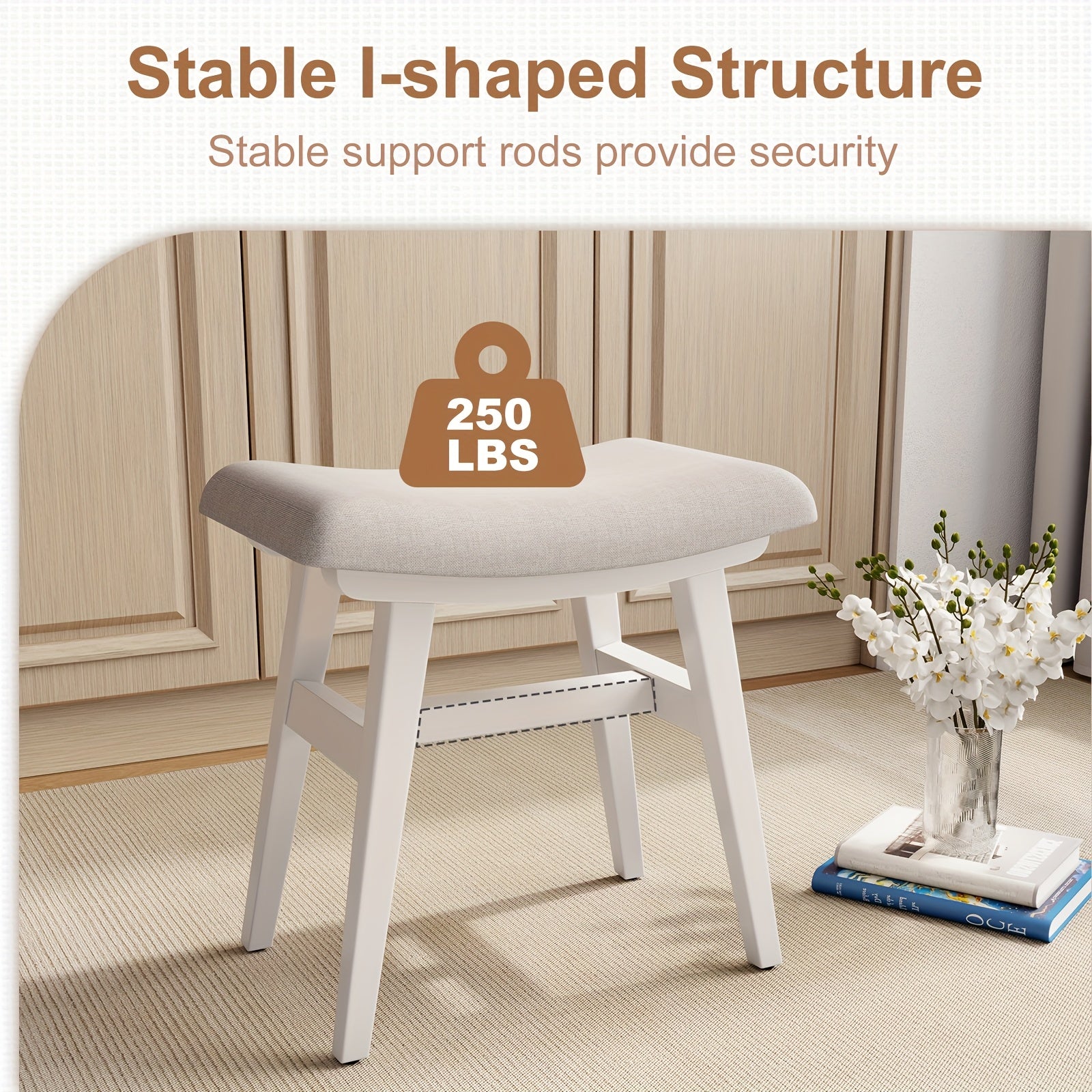 KASLANDI Solid Wood Compact Vanity Stool & Makeup Chair - Frame with Saddle Cushion, Linen-Wrapped High-Rebound Sponge Seat, Easy Assembly Footstool for Small Spaces Suitable for Bedroom, Entryway,, Dorm - Classic Style