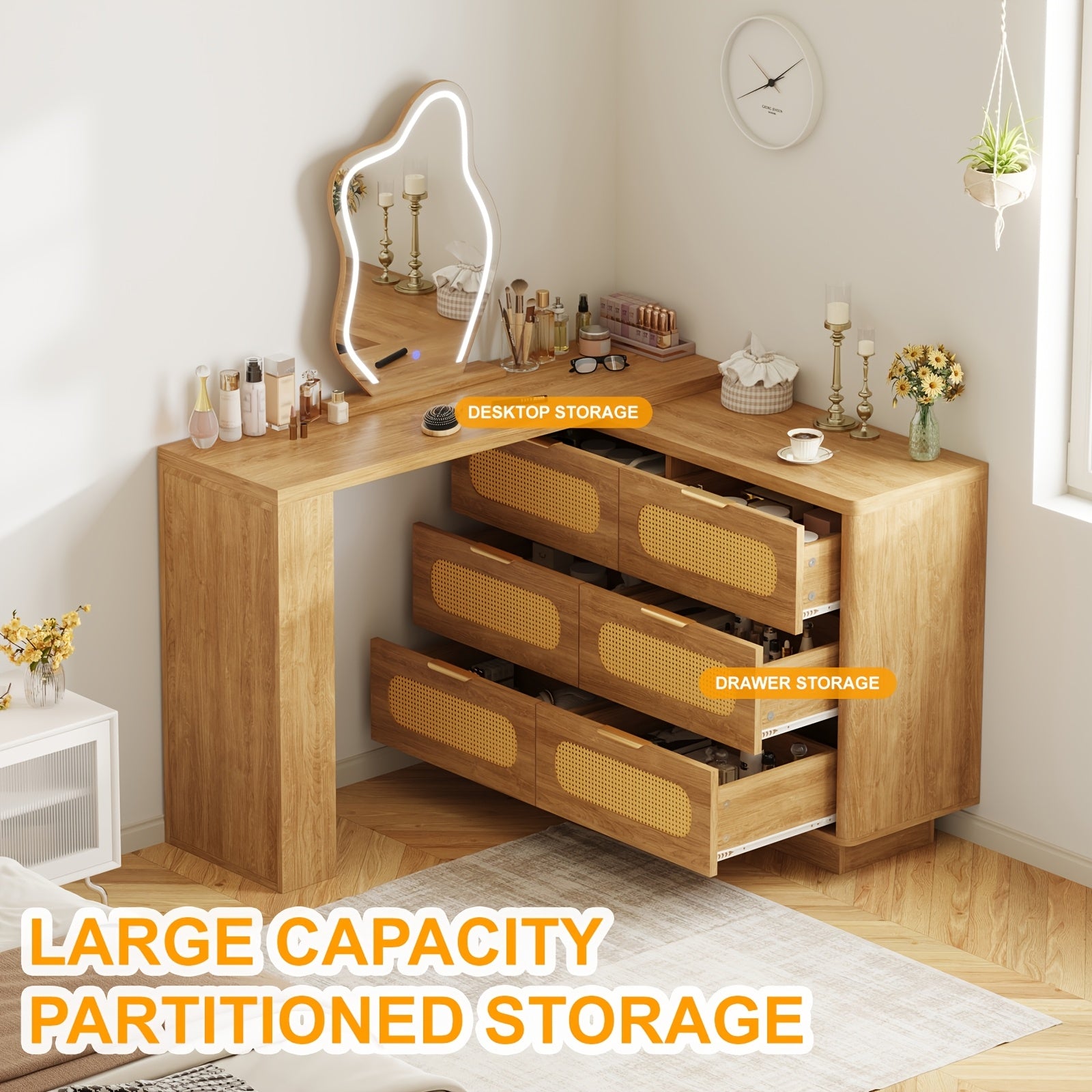 Luxury Makeup Vanity Desk with LED Lighted Mirror - Expandable L-Shaped Corner Table, 6 Drawers & 2 Shelves, Adjustable Brightness Mirror (3 Color Modes) - Walnut Dressing Table for Bedroom, Home Office, Computer Desk - Easy Assembly