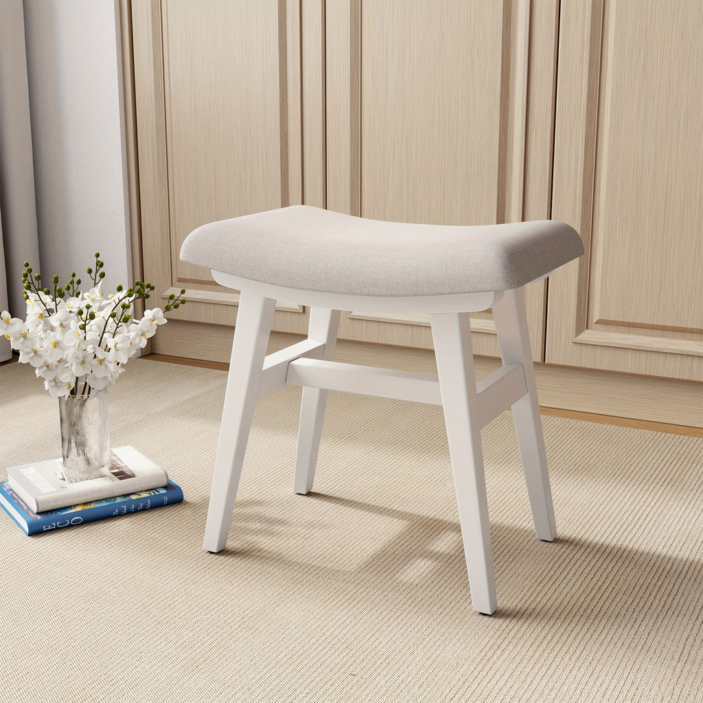 KASLANDI Solid Wood Compact Vanity Stool & Makeup Chair - Frame with Saddle Cushion, Linen-Wrapped High-Rebound Sponge Seat, Easy Assembly Footstool for Small Spaces Suitable for Bedroom, Entryway,, Dorm - Classic Style
