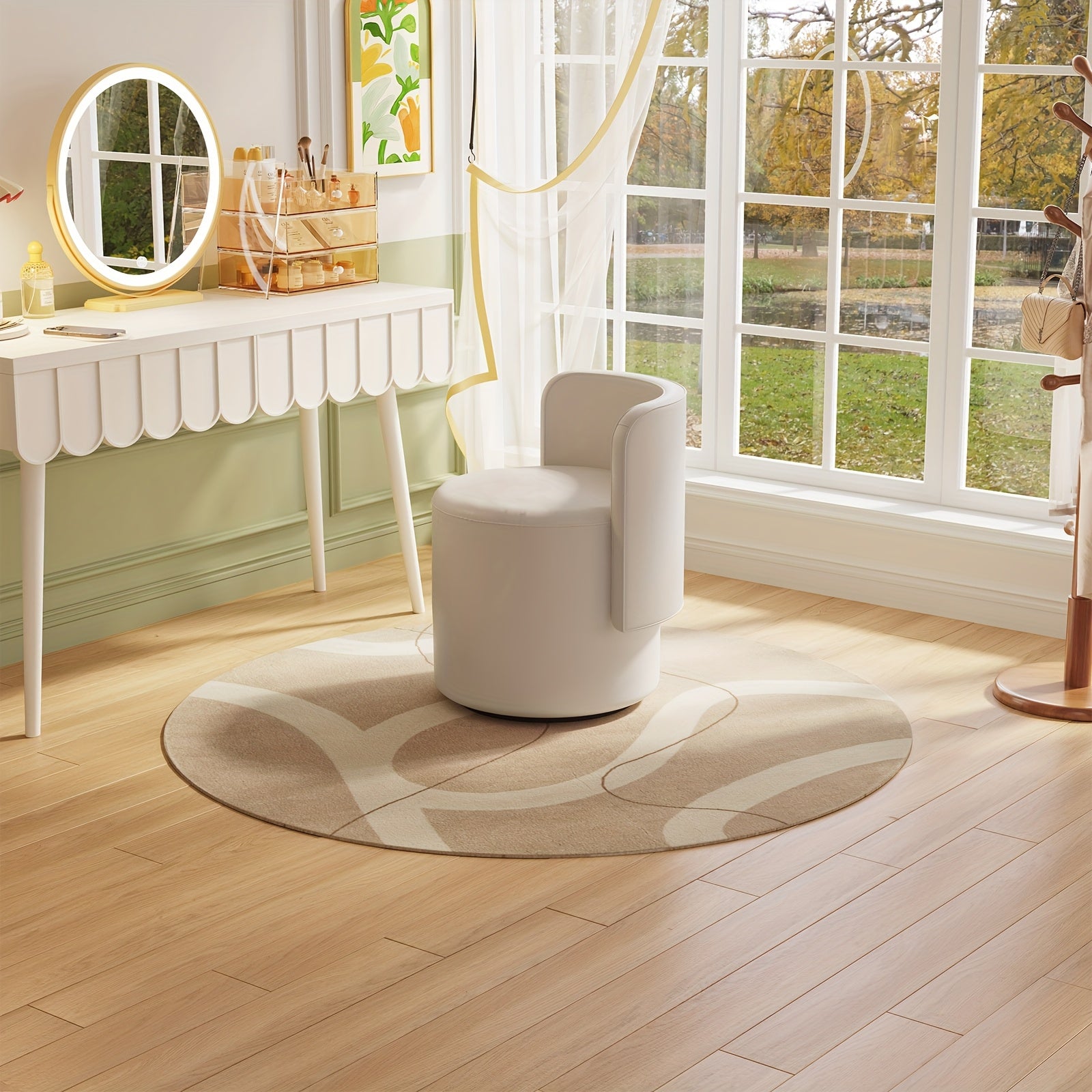 Adjustable Cream White Velvet Upholstered Round Stool And Vanity Chair with a Curved Backrest - a Small Modern Pouf Footrest for Makeup, Suitable for Living Rooms And Bedrooms