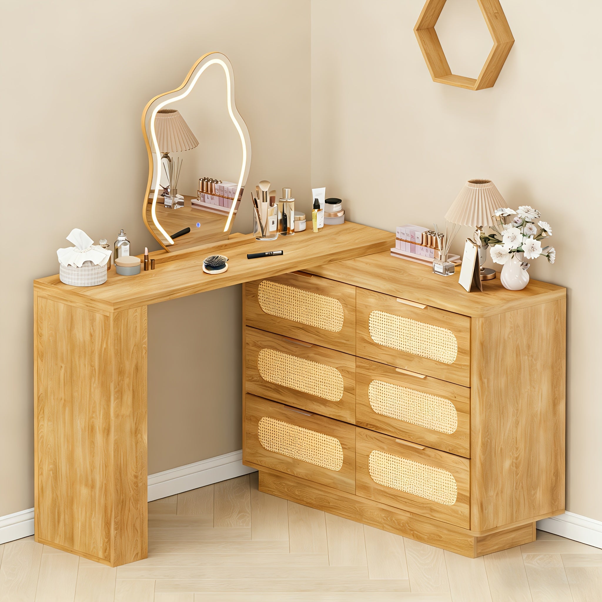 Luxury Makeup Vanity Desk with LED Lighted Mirror - Expandable L-Shaped Corner Table, 6 Drawers & 2 Shelves, Adjustable Brightness Mirror (3 Color Modes) - Walnut Dressing Table for Bedroom, Home Office, Computer Desk - Easy Assembly