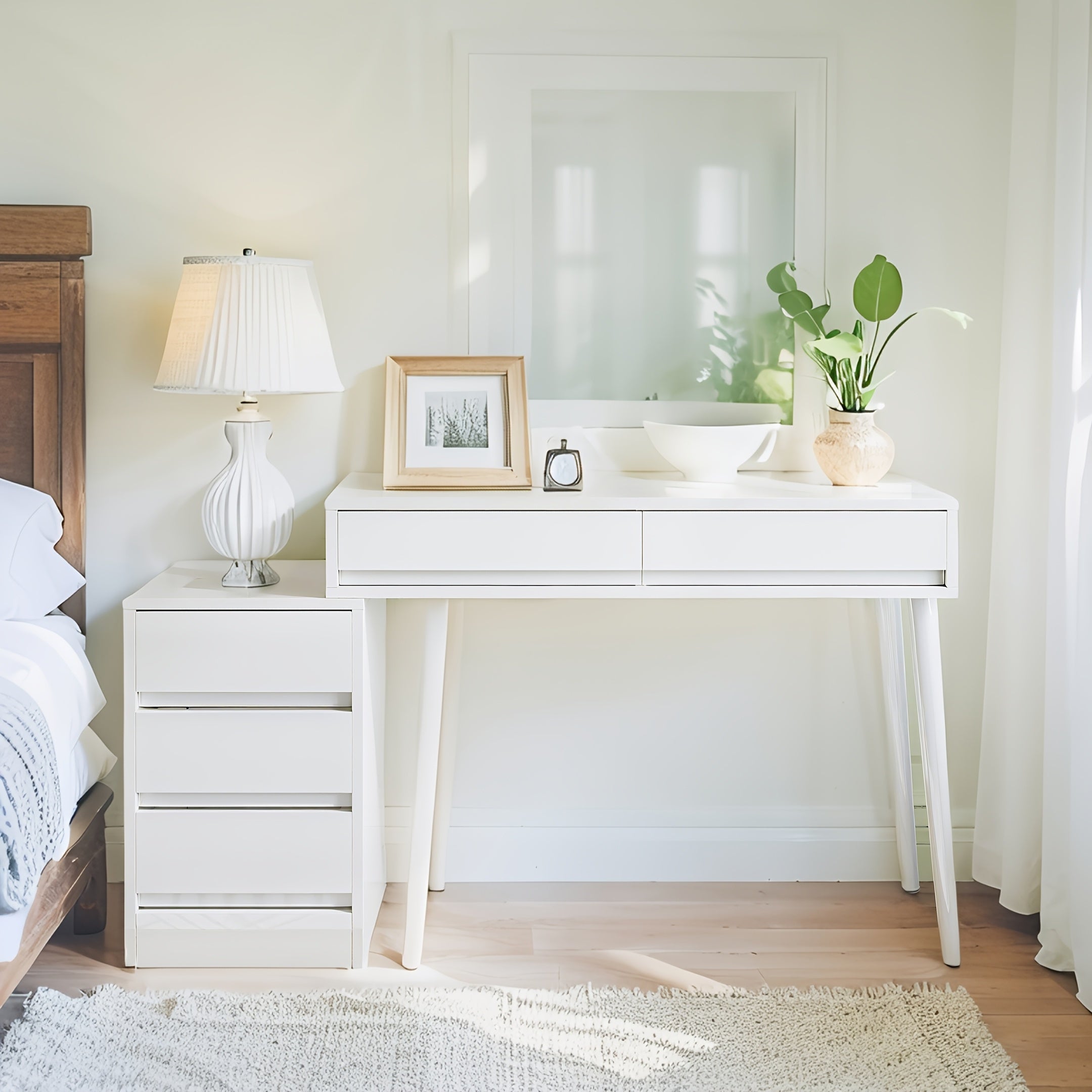 White Desk with Drawers & Reversible Dressing Table - Modern Home Office Computer Desk, Hardwood & Metal Frame, Compact Space-Saving Design Under 27\