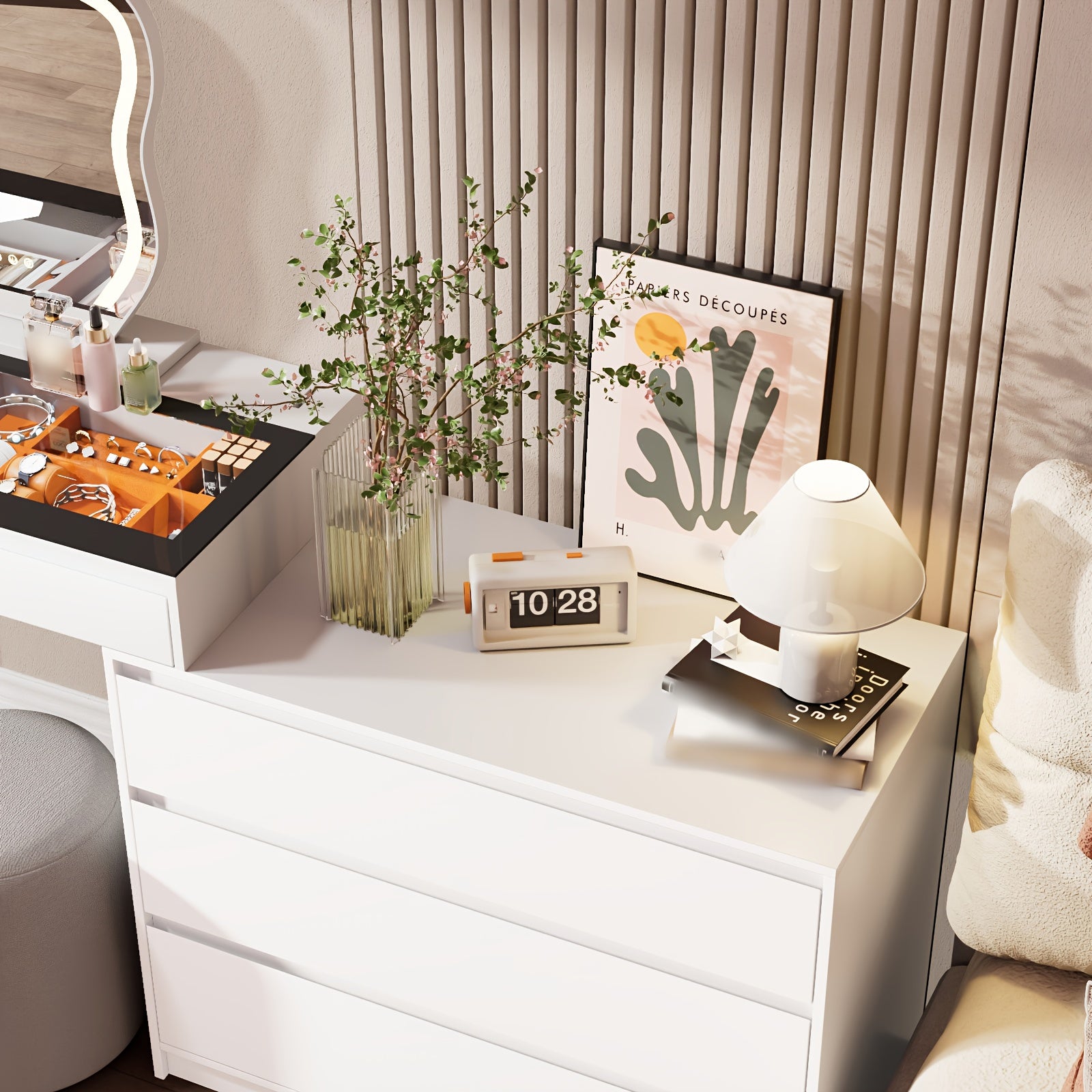 Modern Corner Dressing Table with Mirror And LED Three-color Adjustable Light, Corner Dressing Table Makeup Storage, Glass Top Dressing Table, Modern Dressing Table with 5 Drawers And Dressing Table, 3 Color Lighting Modes, White(No Charging Station)