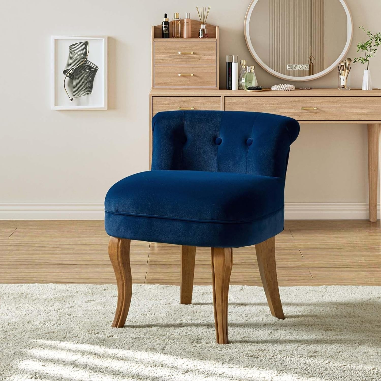 Navy Velvet Vanity Stool with Low Back - Modern Upholstered Makeup Chair with Solid Wood Legs, Assembly Compact Dressing Table Chair Suitable for Women & Girls, Bedroom, Living Room, Dressing Table - Stylish Chair