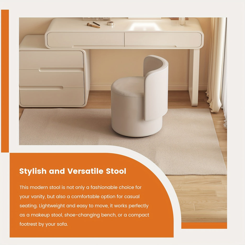 Adjustable Cream White Velvet Upholstered Round Stool And Vanity Chair with a Curved Backrest - a Small Modern Pouf Footrest for Makeup, Suitable for Living Rooms And Bedrooms