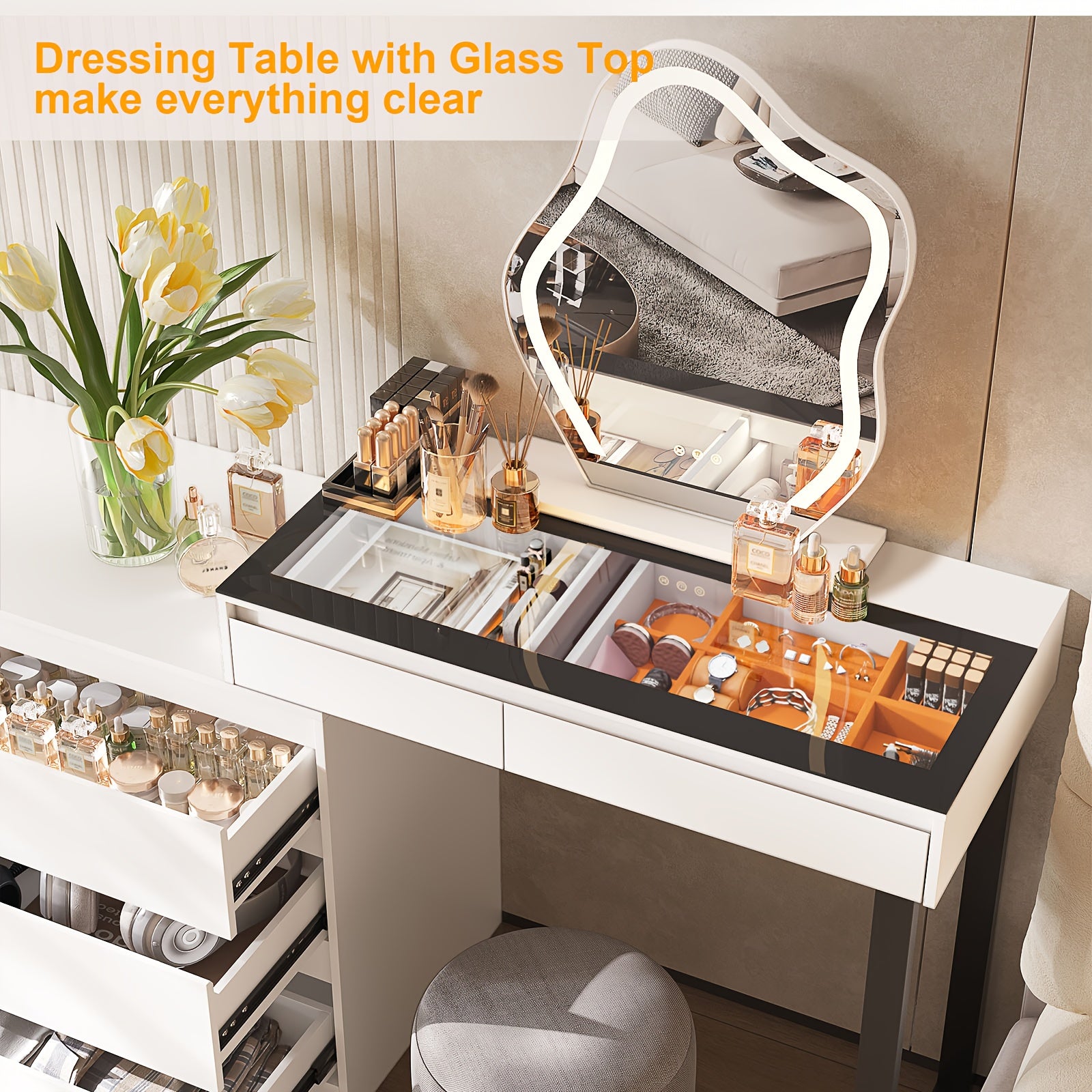 Corner Vanity Desk With Mirror And Lights, Makeup Table With Drawers & Jewelry Cabinet, 3 Color Led Lights & 5 Drawers Large Vanity With Storage, Bedroom, Dressing Table
