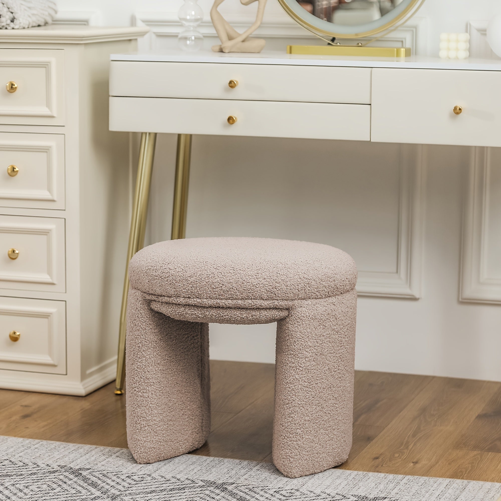 Boucle Ottoman, Round Sherpa Vanity Stool Chair, Small Upholstered Modern Teddy Footstool for Makeup, Living Room, Entryway, Bedroom