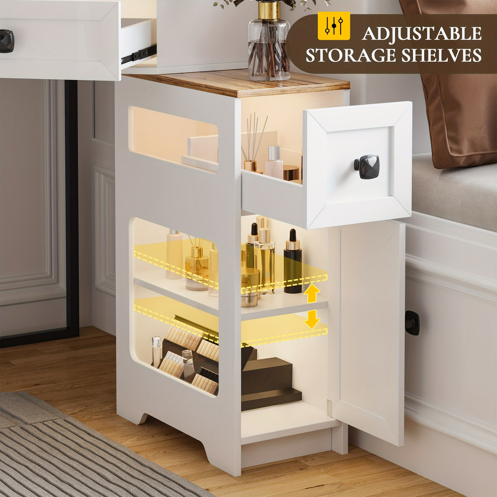 Modern Makeup Vanity Set Featuring a Mirror And Lights, Including a Charging Station, Designed for Bedrooms Or Cloakrooms, with a Glass Top And Storage Drawers And Shelves in White