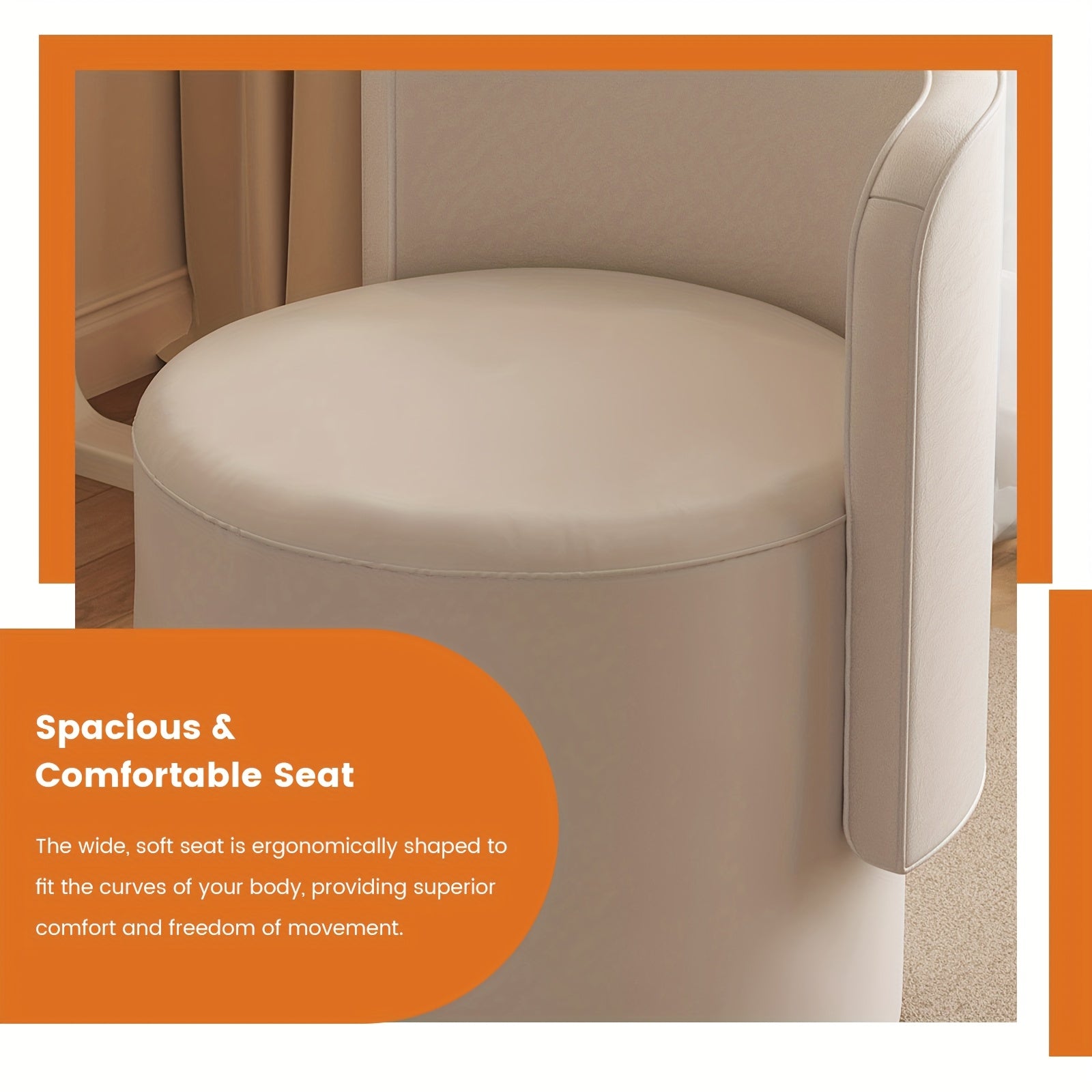 Adjustable Cream White Velvet Upholstered Round Stool And Vanity Chair with a Curved Backrest - a Small Modern Pouf Footrest for Makeup, Suitable for Living Rooms And Bedrooms