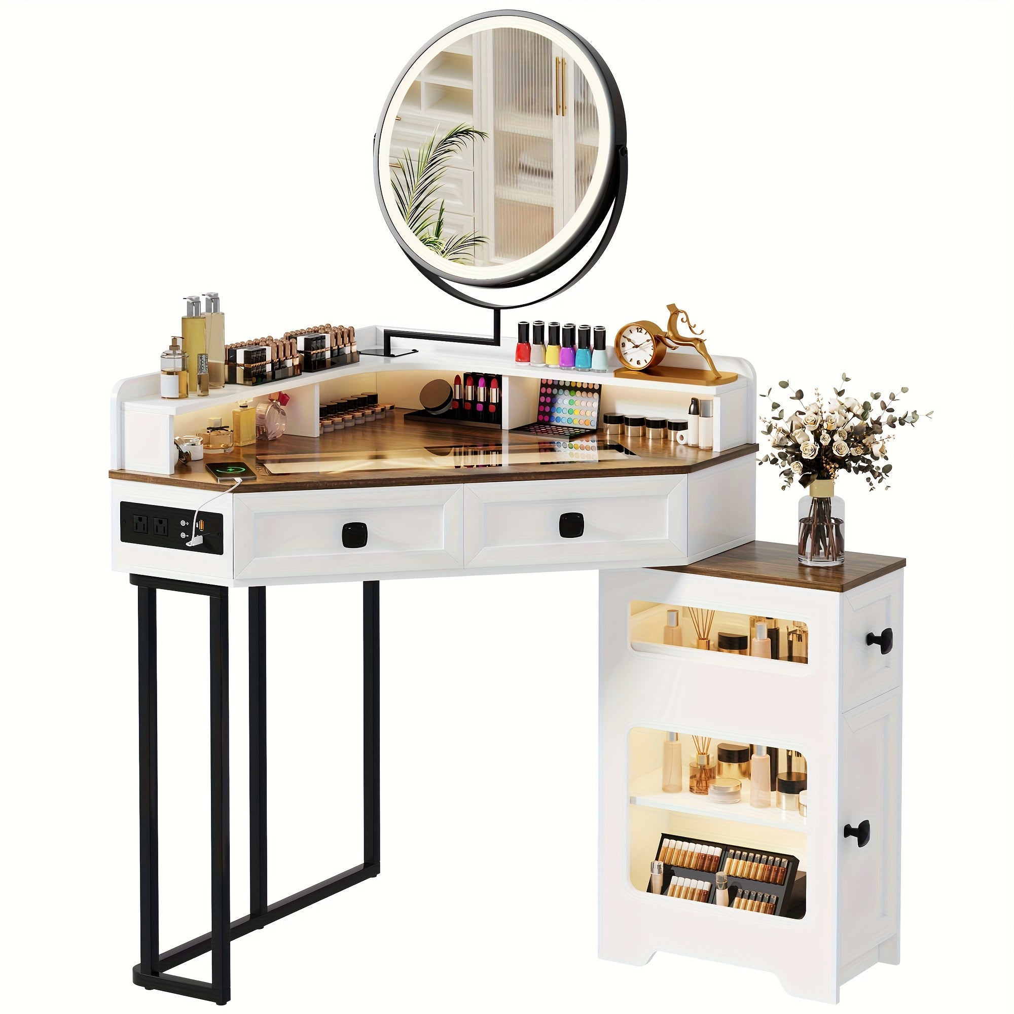 Modern Makeup Vanity Set Featuring a Mirror And Lights, Including a Charging Station, Designed for Bedrooms Or Cloakrooms, with a Glass Top And Storage Drawers And Shelves in White