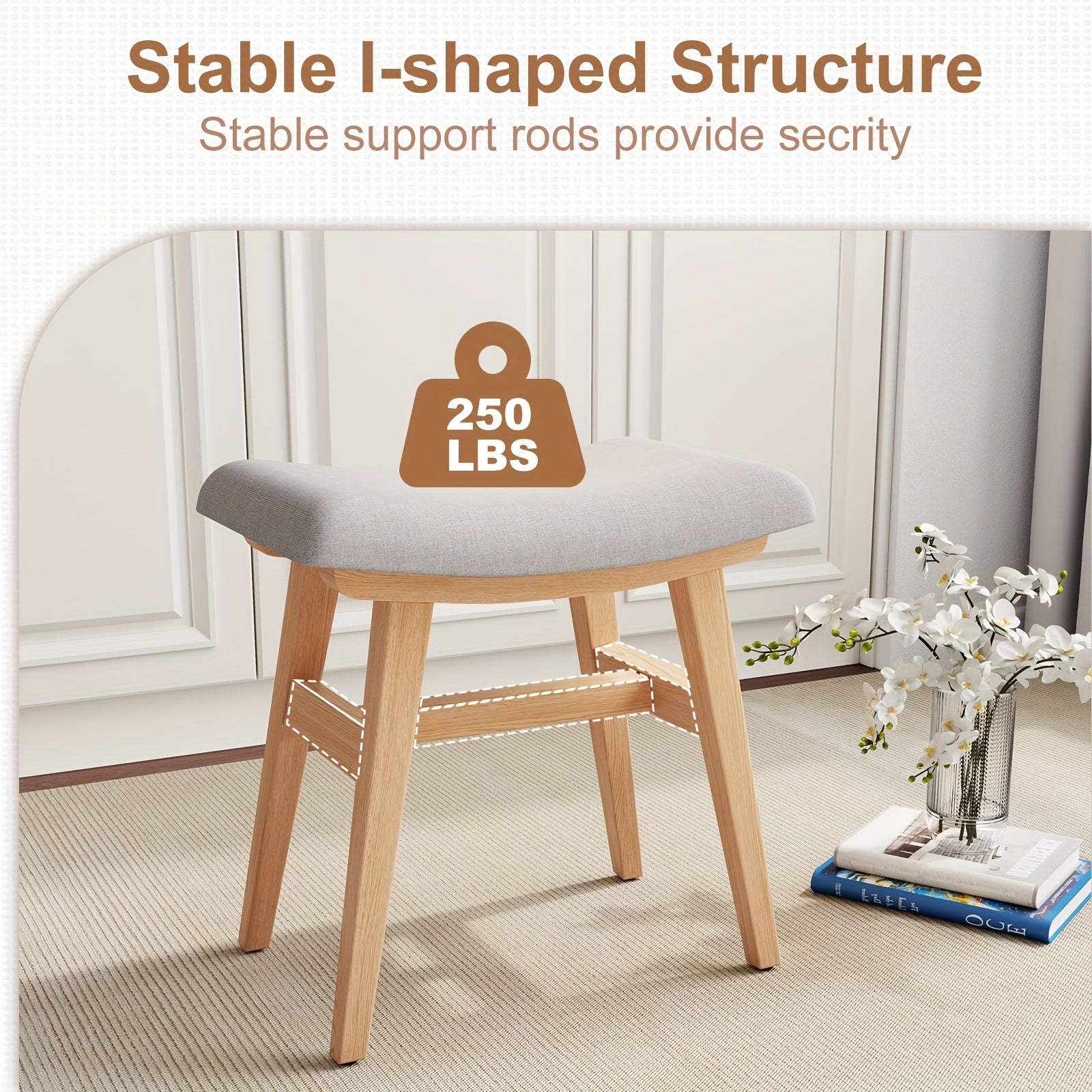 KASLANDI Solid Wood Compact Vanity Stool & Makeup Chair - Frame with Saddle Cushion, Linen-Wrapped High-Rebound Sponge Seat, Easy Assembly Footstool for Small Spaces Suitable for Bedroom, Entryway,, Dorm - Classic Style