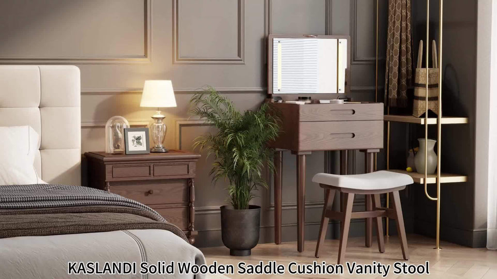KASLANDI Solid Wood Compact Vanity Stool & Makeup Chair - Frame with Saddle Cushion, Linen-Wrapped High-Rebound Sponge Seat, Easy Assembly Footstool for Small Spaces Suitable for Bedroom, Entryway,, Dorm - Classic Style