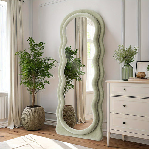 63x24 Inches Flannel Frame Wavy Full Length Mirror, Hanging or Leaning Mirror, Irregular Makeup Mirror Elegant Wall Mirror for Bedroom Cloakroom Bathroom Living Room Decorative