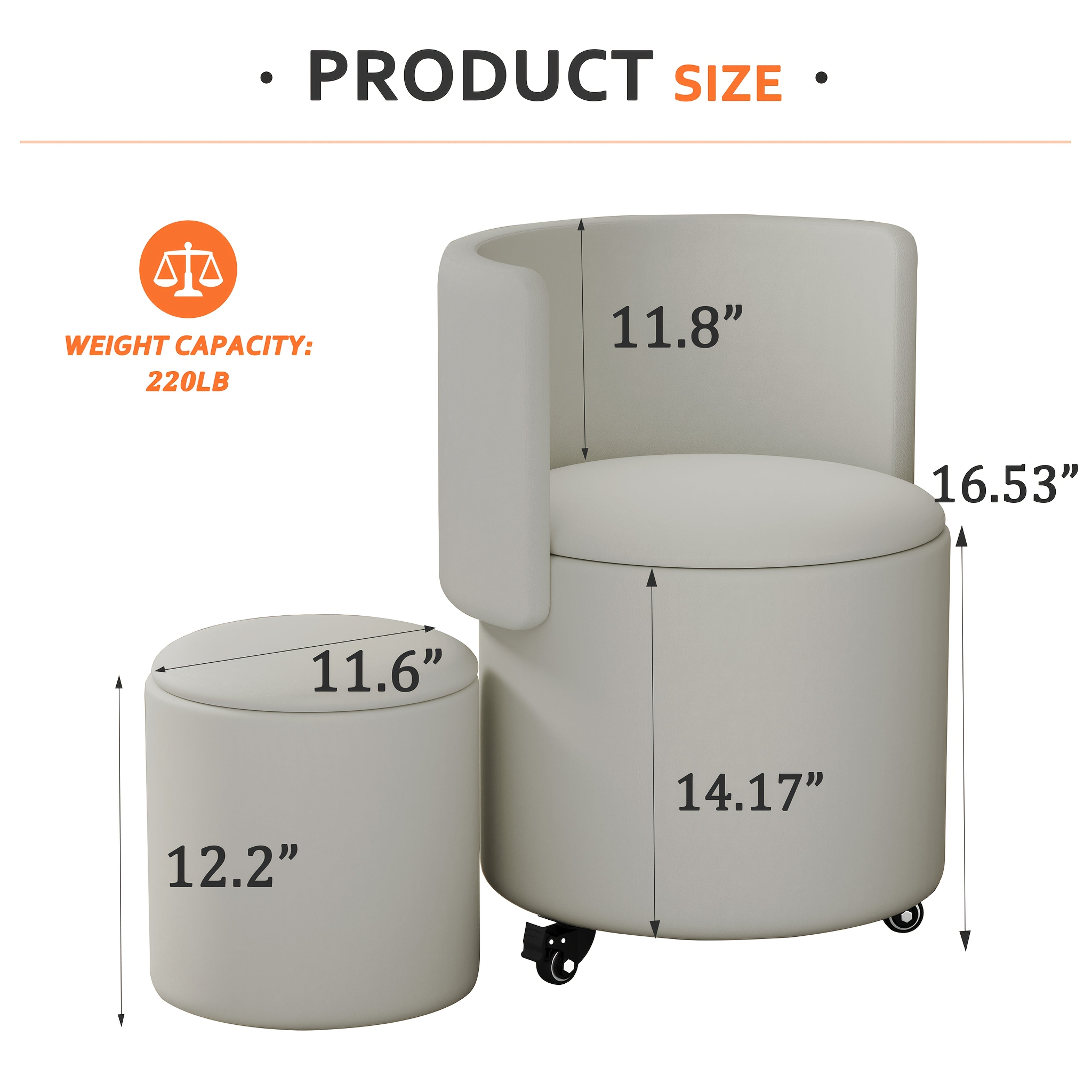 Round Storage with Rolling Wheels, Makeup Chair, A Makeup Stool with Wheels And A Foldable Backrest for Living Room, Bedroom, Dorm Stool