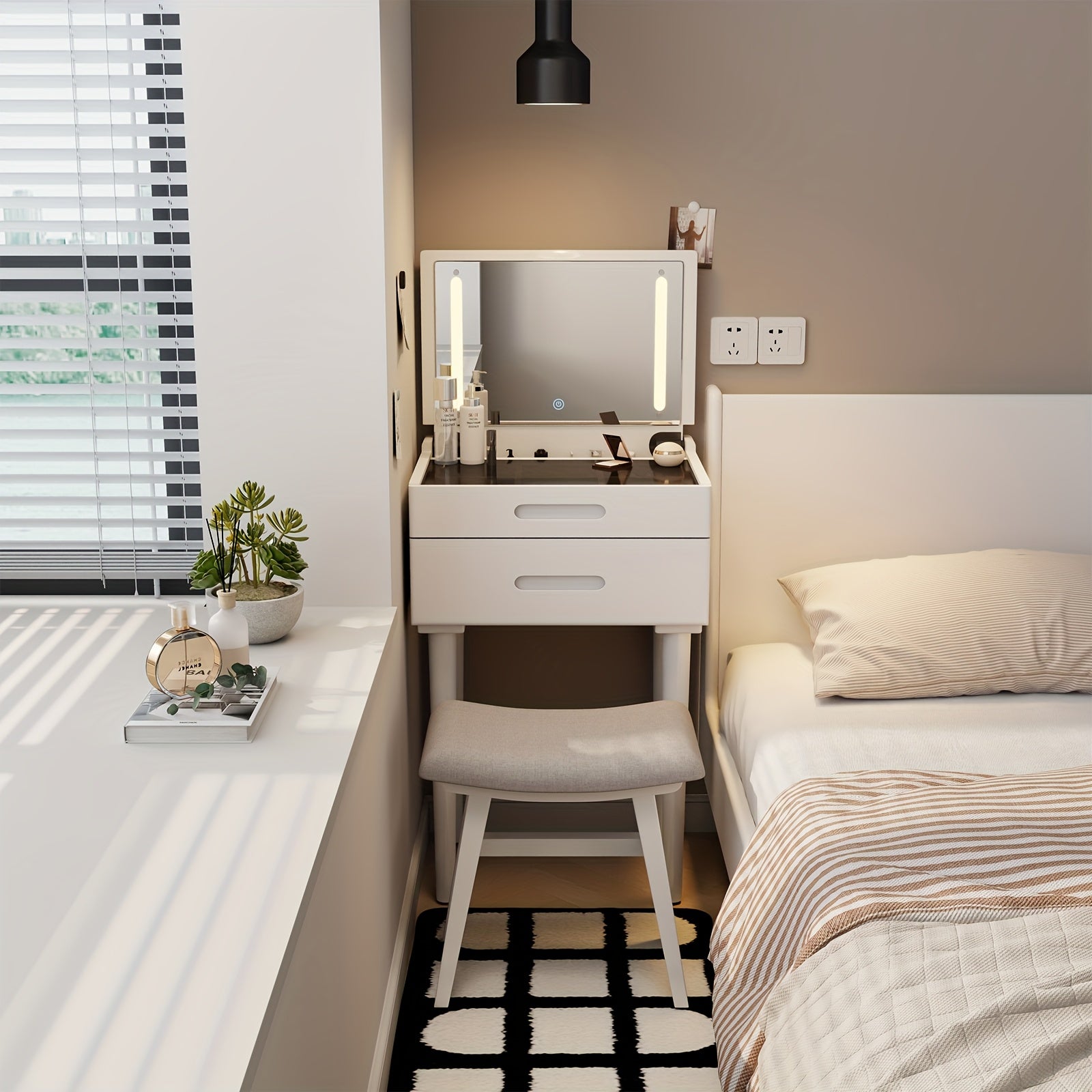 KASLANDI Solid Wood Compact Vanity Stool & Makeup Chair - Frame with Saddle Cushion, Linen-Wrapped High-Rebound Sponge Seat, Easy Assembly Footstool for Small Spaces Suitable for Bedroom, Entryway,, Dorm - Classic Style