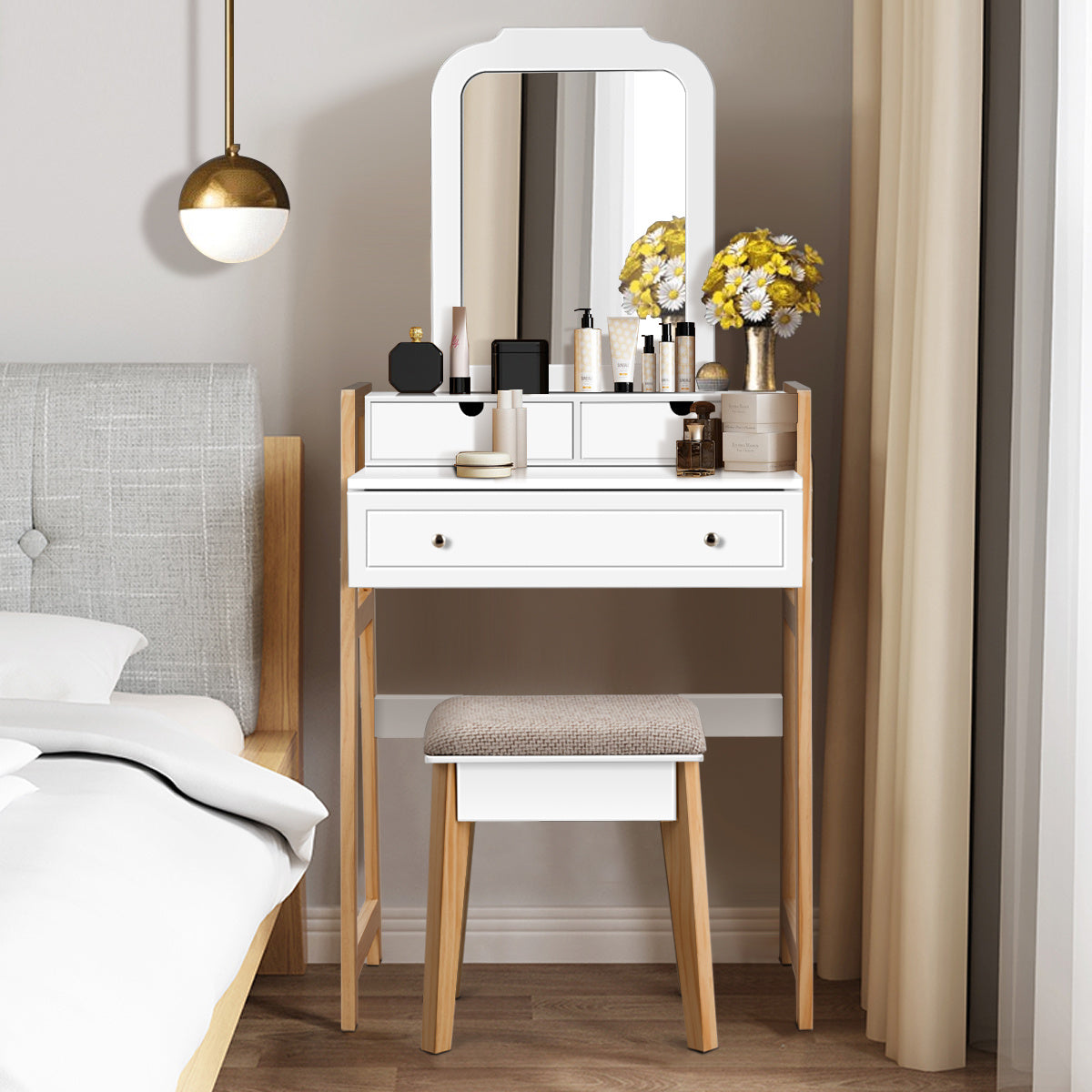 COSTWAY Solid Wood Scandinavian Modern Dressing Table with Height-Adjustable Mirror & 3-Drawer Storage - White & Natural Wood Finish, Padded Stool with Legs