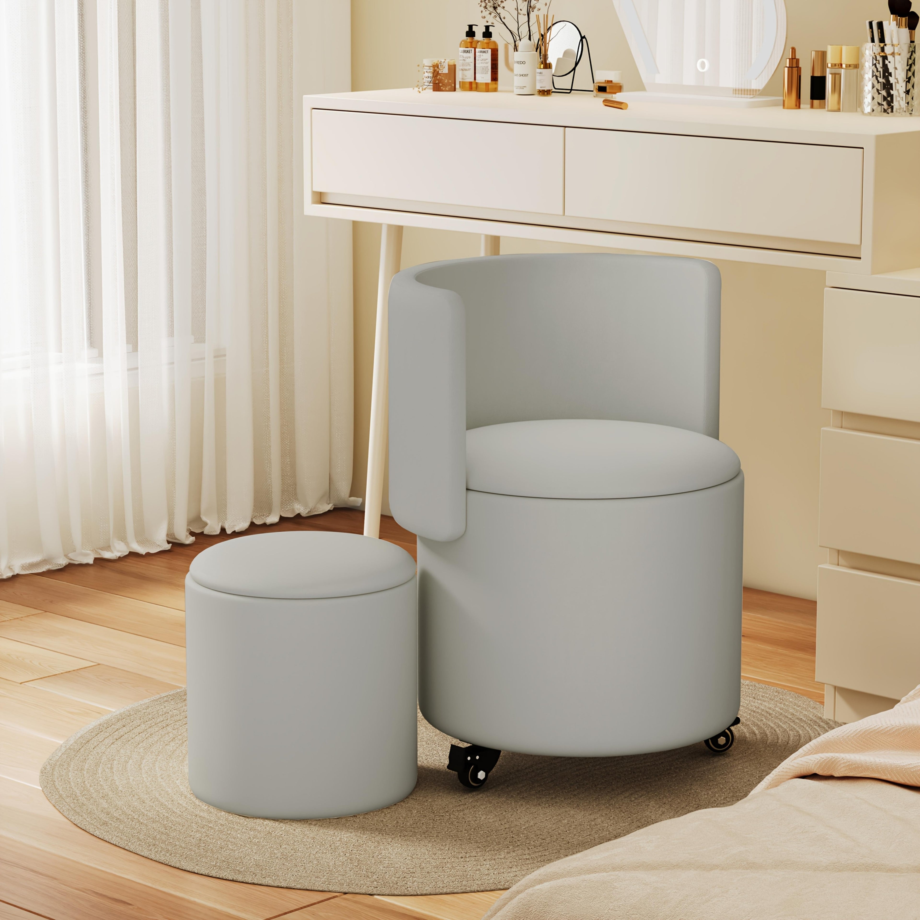 Round Storage with Rolling Wheels, Makeup Chair, A Makeup Stool with Wheels And A Foldable Backrest for Living Room, Bedroom, Dorm Stool
